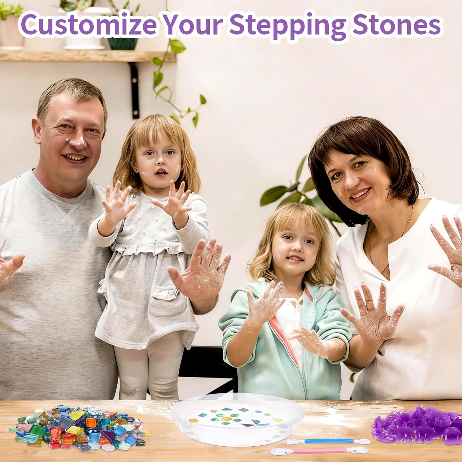 18 Set DIY Stepping Stone Kit Includes 6 Size Round Concrete Mold Number Letter Molds Mosaic Tiles Carving Tools Wooden Sticks Gloves for DIY Stepping Stones Garden Markers, No Concrete Mix