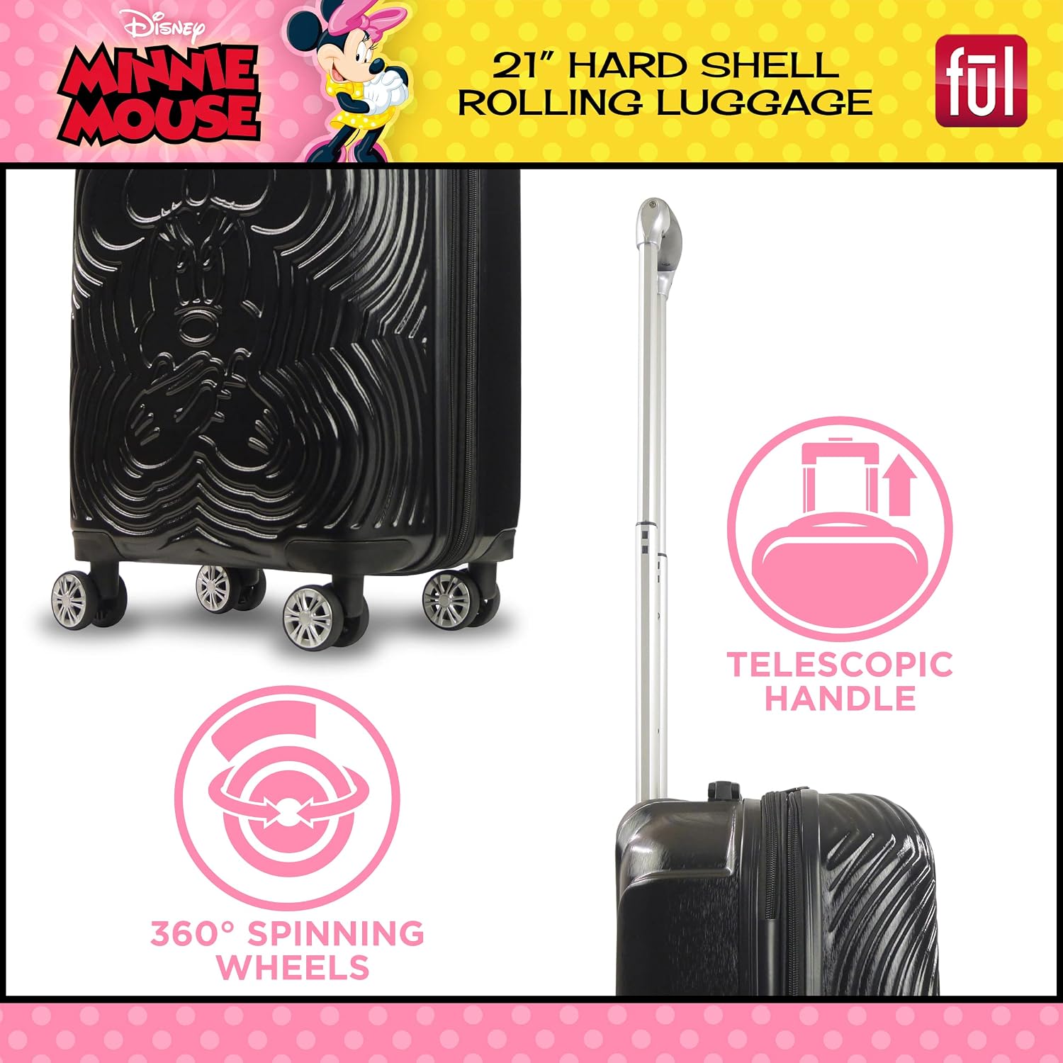 FUL Disney Minnie Mouse 21 Inch Carry On Luggage, Molded Hardshell Rolling Suitcase with Spinner Wheels, Black