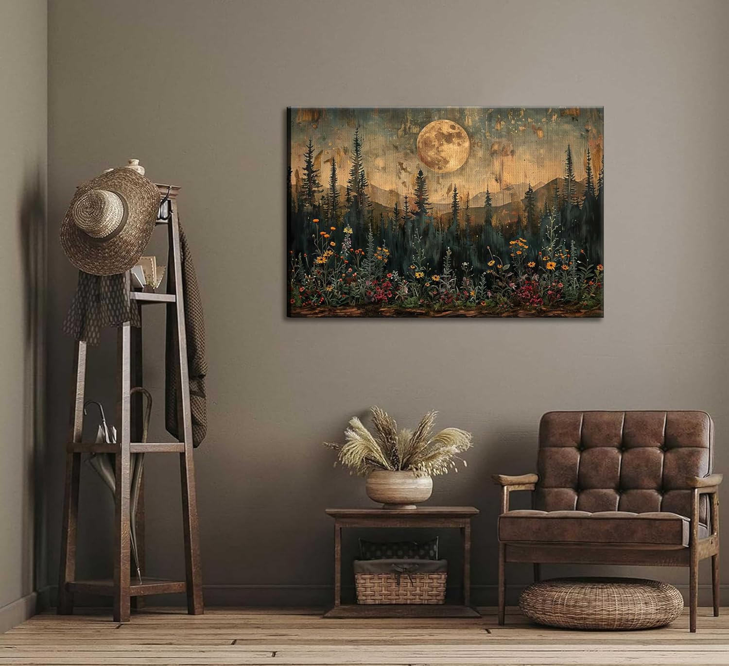 Full Moon Forest Canvas Wall Art Vintage Moonlit Pine Tree Mountains and Wildflowers Woodland Nature Landscape Picture Wall Decor Poster Print Artwork for Bedroom Living Room Home Decoration - Image 6