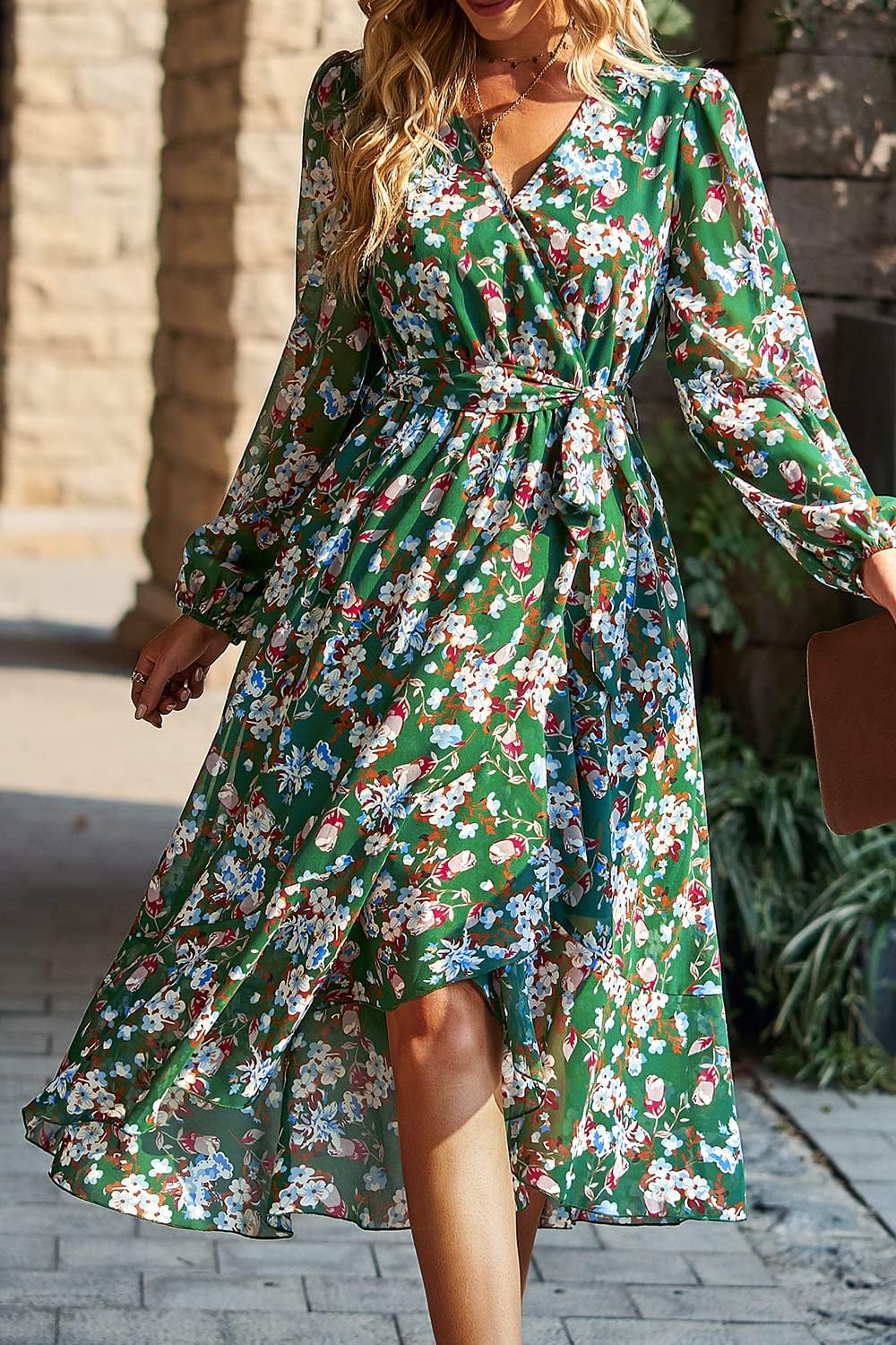 PRETTYGARDEN Women's Floral Boho Dress Fall Long Sleeve Wrap V Neck Ruffle Flowy Maxi Spring Wedding Guest Vacation Dresses - Image 4