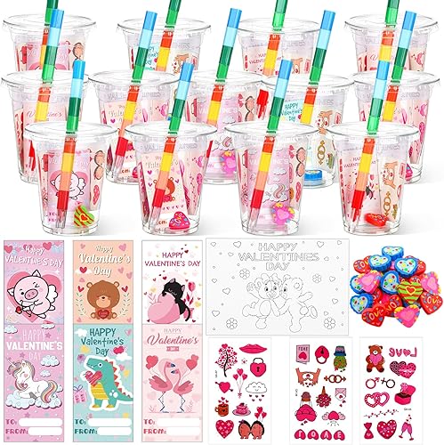 Glenmal Paquete de 24 regalos para el día de San Valentín para niños, kit de papelería para el día de San Valentín, incluye tarjetas, calcomanías de
