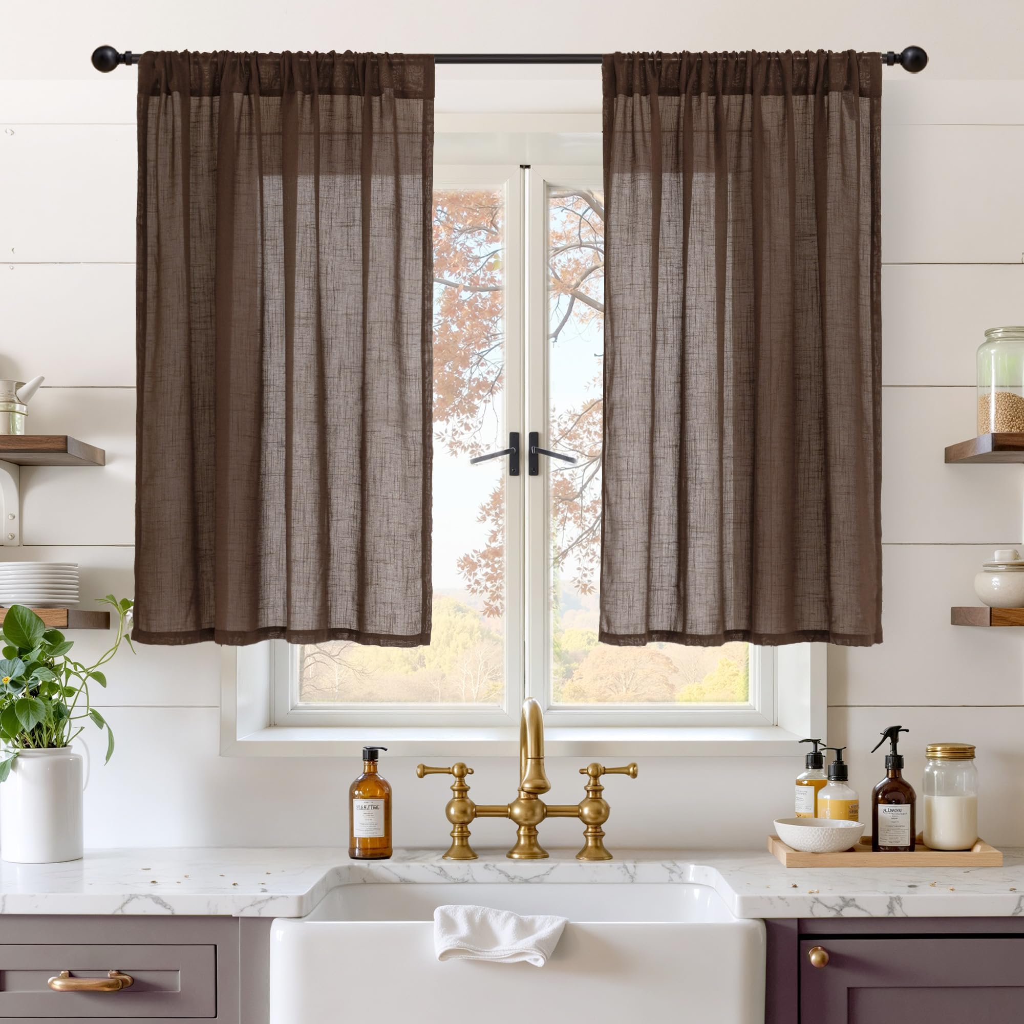 BGment Brown Linen Curtains 40 Inch Length, Short Drapes for Kitchen Over Sink Bathroom Decor Lightweight Rustic Country Textured Rod Pocket, 2 Panels Set, Each 42 Inch Wide