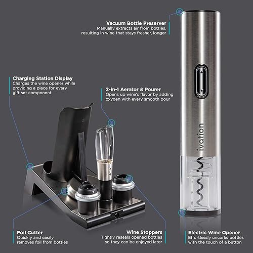 Miniatura 6 de Ivation Juego de regalo de vino 6 en 1: incluye abridor eléctrico de acero inoxidable, conservador al vacío, 2 tapones de corcho, cortador de papel