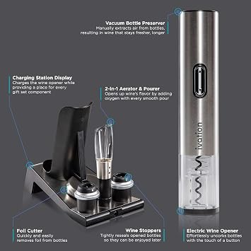Ivation 6-in-1 Electric Wine Opener Gift Set, Preserver, Charging Base