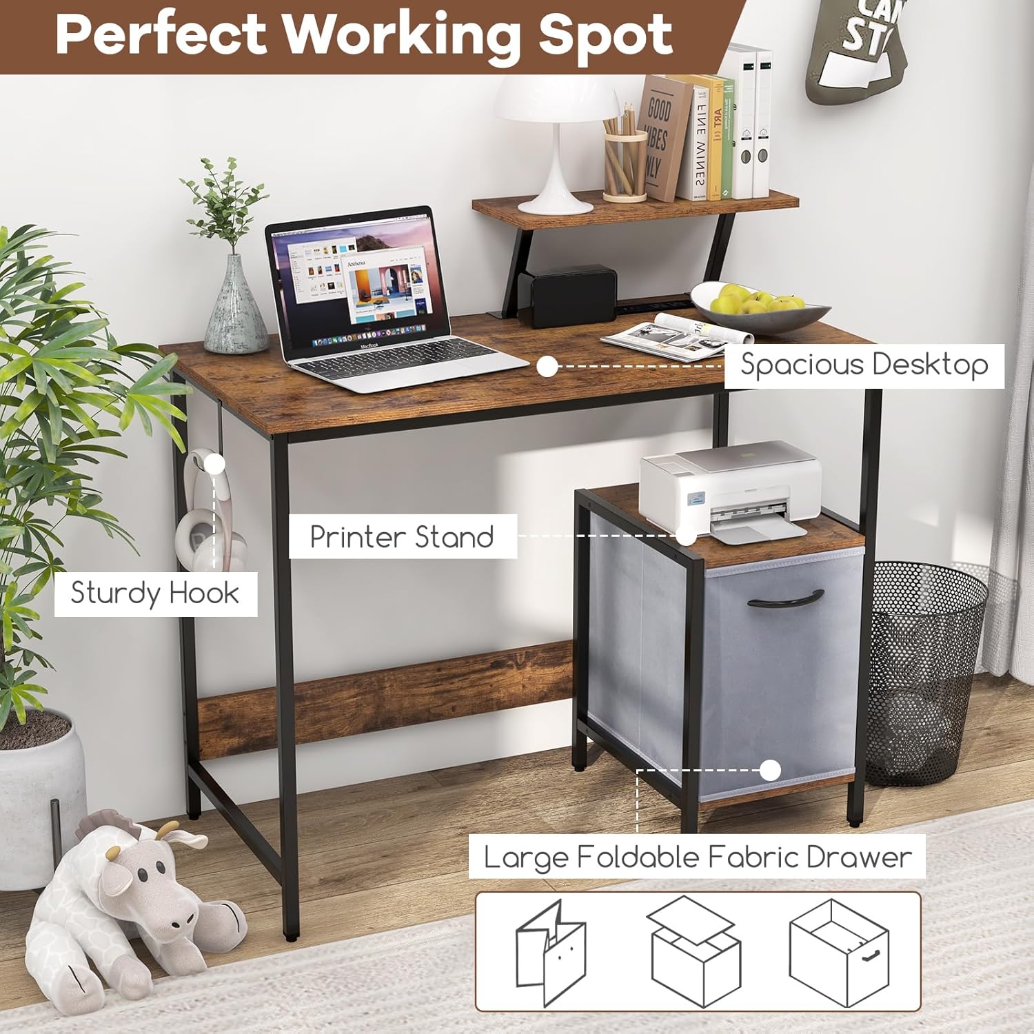 Giantex Computer Desk with Drawer and Power Outlet, Home Office Desk with Reversible Storage Drawer & Raised Shelf, Computer Workstation with Hook, Industrial Study Writing Desk for Study, Bedroom