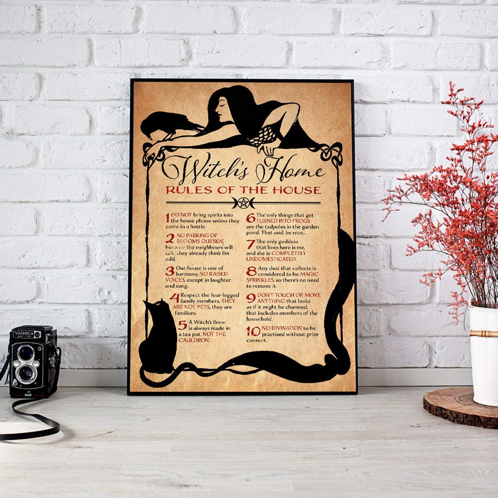 rayprint Vintage Wall Art Metal Witch's Home Rules Of The House Poster Witch Rules Art Print Witchy Decor Witch And Cat Canvas Black Cat Artwork Signs For Home 8x12 Inch
