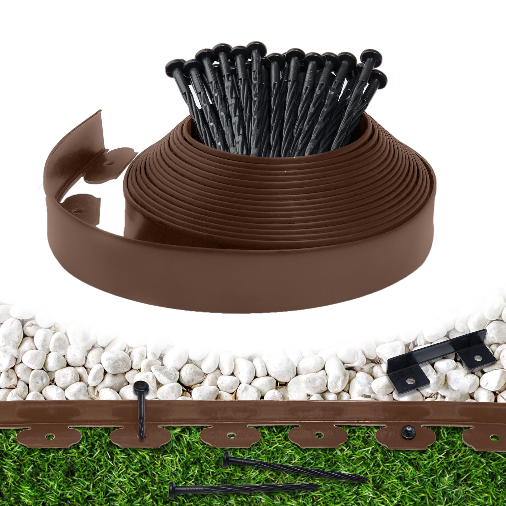 Landscape Edging Border 33 FT 2 Inch Tall with 60 Spikes, Plastic Edging for Landscaping, Garden Edging Border， Flower Bed, Paver and Lawn Edging Border, Brown