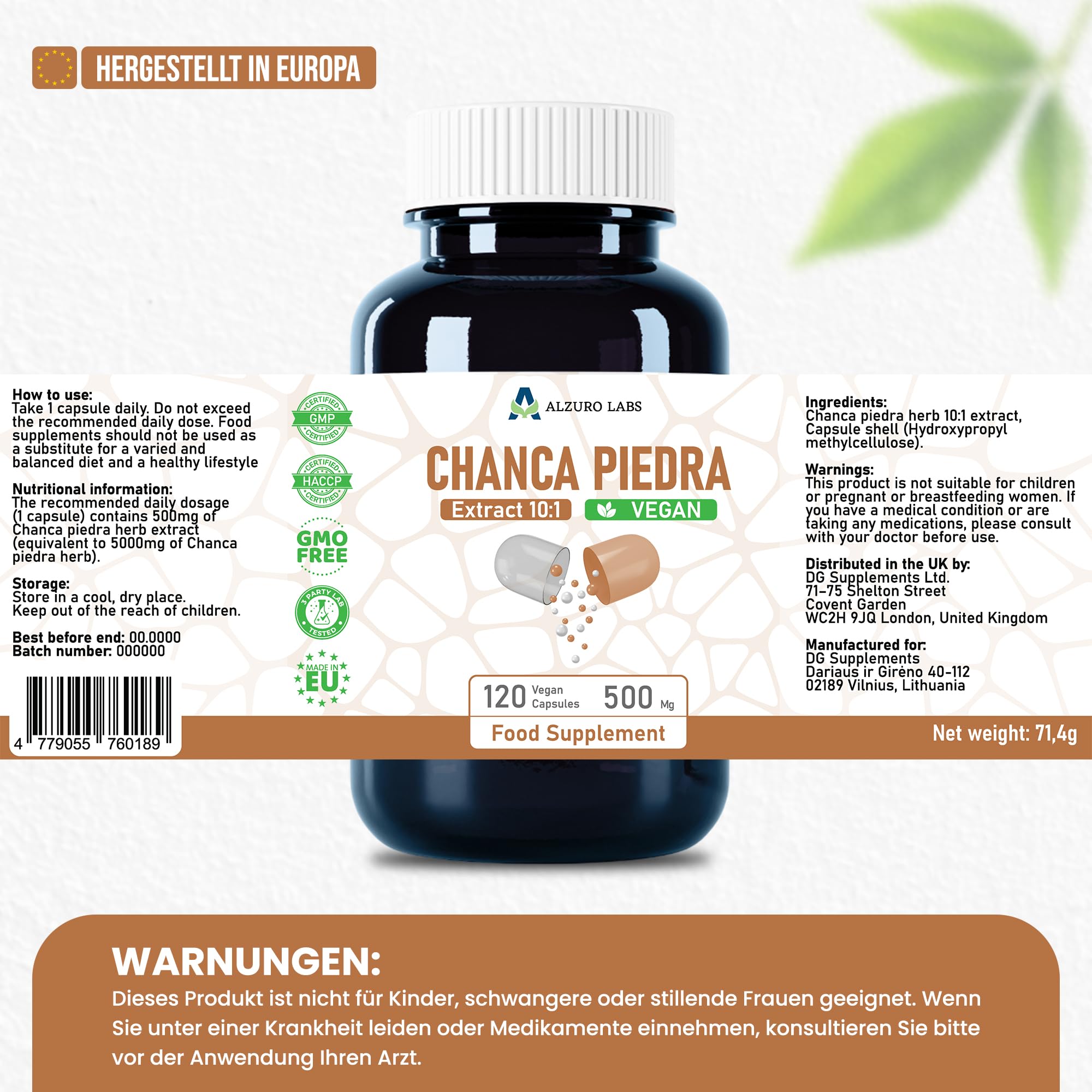 Chanca Piedra – Phyllanthus niruri | 5.000 mg Äquivalent | Hochdosiert 500 mg 10:1 Extrakt | 120 vegane Kapseln | GMP & Laborgeprüft