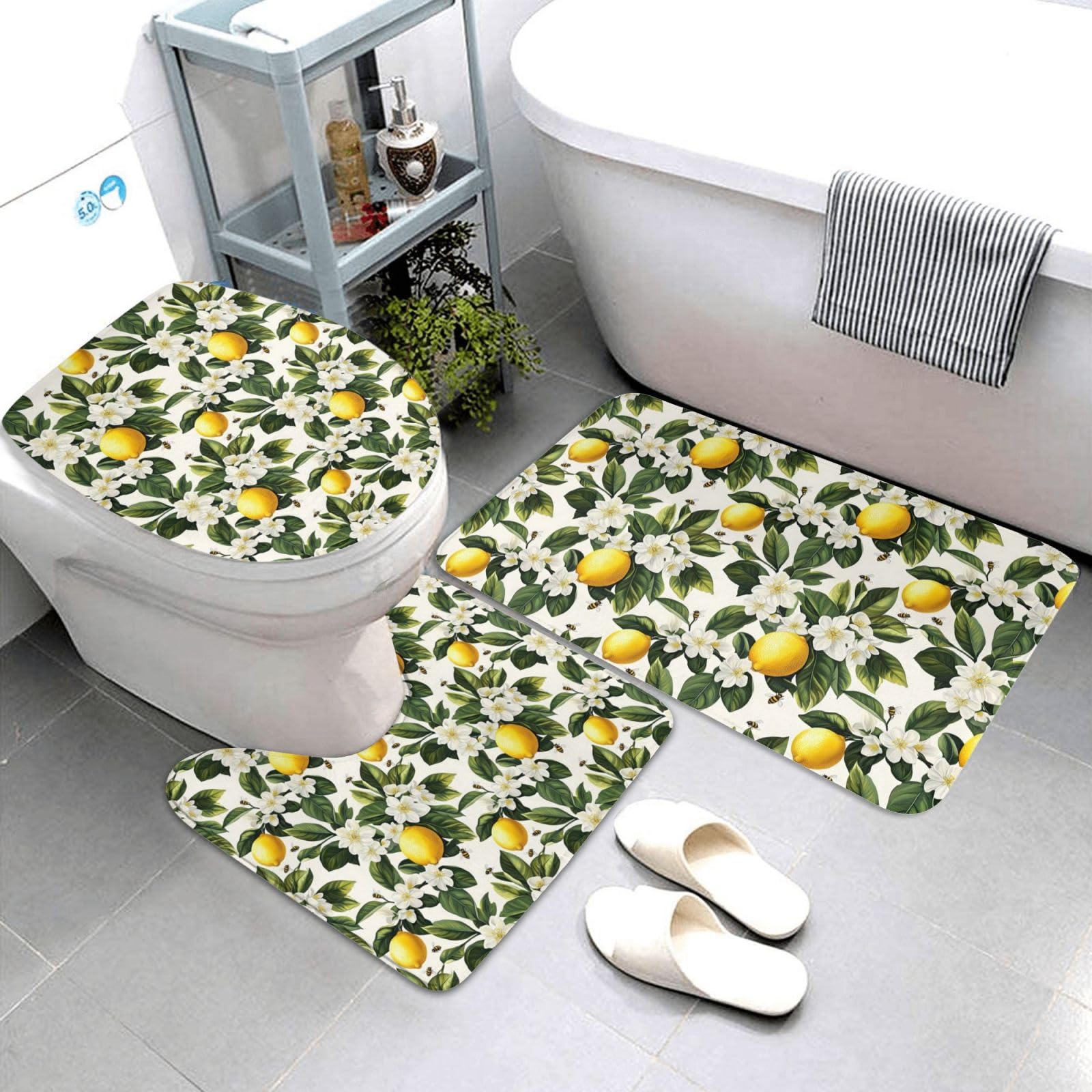 Tapis de salle de bain lot de 3 motif floral citron avec housse abattant wc