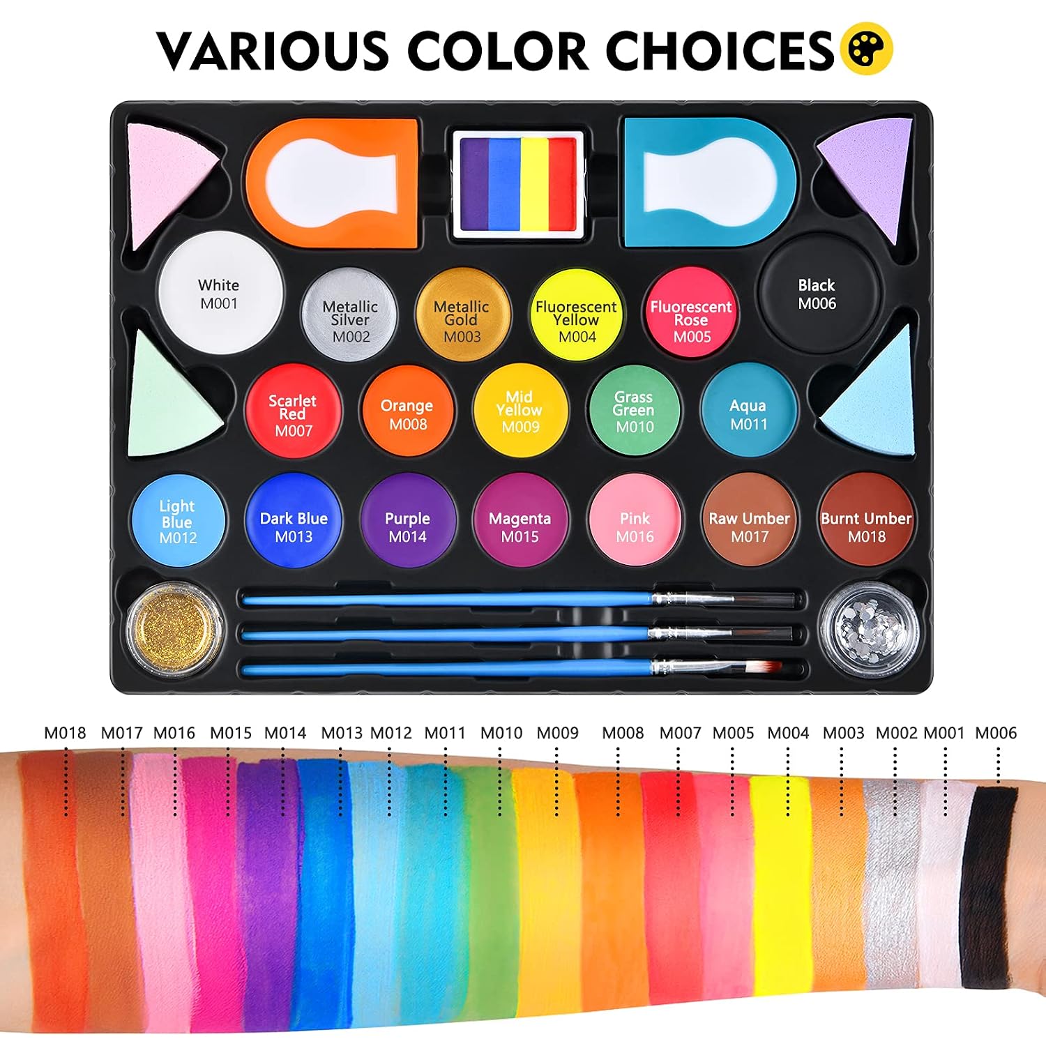 Magicfly Face Painting Kit - 18 Colors Face Paint Kits, Non-Toxic Water Based Body Paint with Stencils, 2 Glitters, Brushes, Hair Chalk, Professional Halloween Makeup Kit for Party, Festival, Cosplay