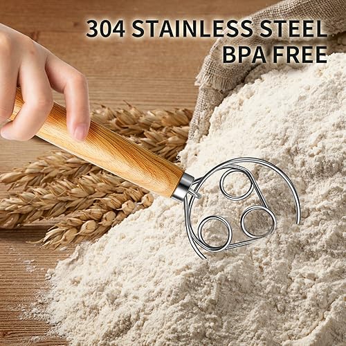 Miniatura 3 de TEEVEA Batidor de masa danesa de acero inoxidable batidor de masa de pan estilo holandés Mezclador de mano de mango de madera Herramientas para