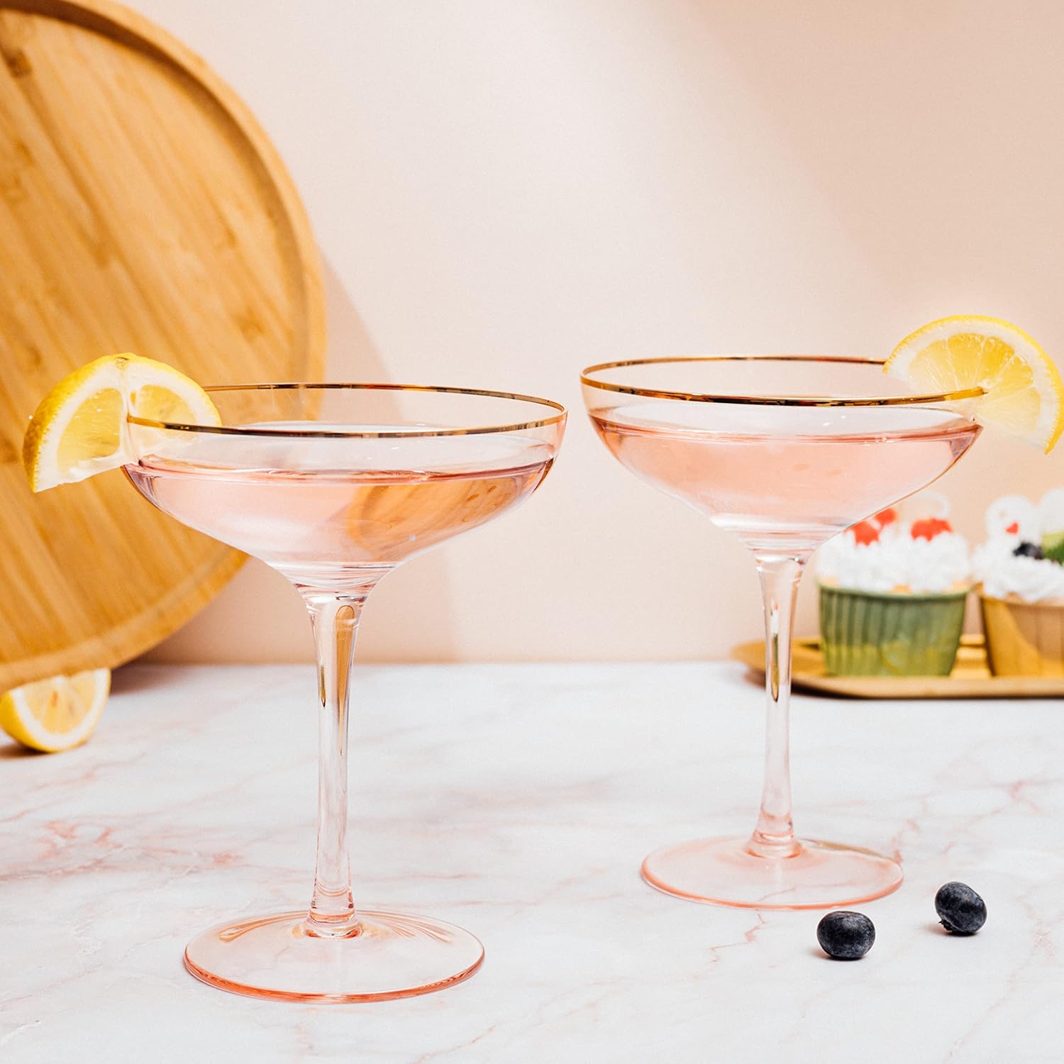 Vintage Art Deco Blush Pink 9oz Coupe Champagne, Martini & Cocktail Glasses with Gilded Gold Rim, Set of 2 - Elegant Tumblers, Ideal for Weddings, Anniversaries, and Special Celebrations, Gift Set
