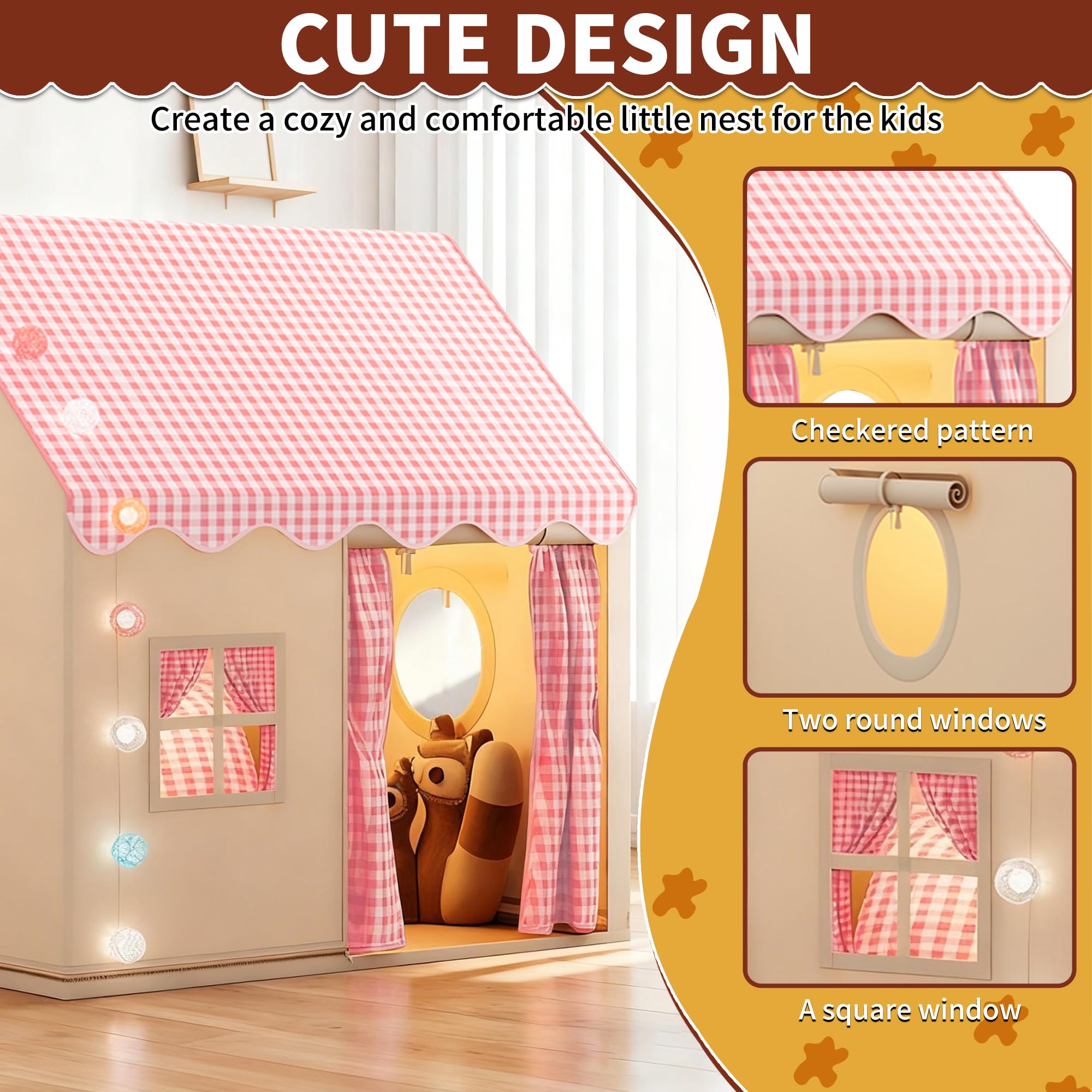 Tenda per Bambini Interno, Tenda da Gioco con Luci Decorative, Quadri Rosa