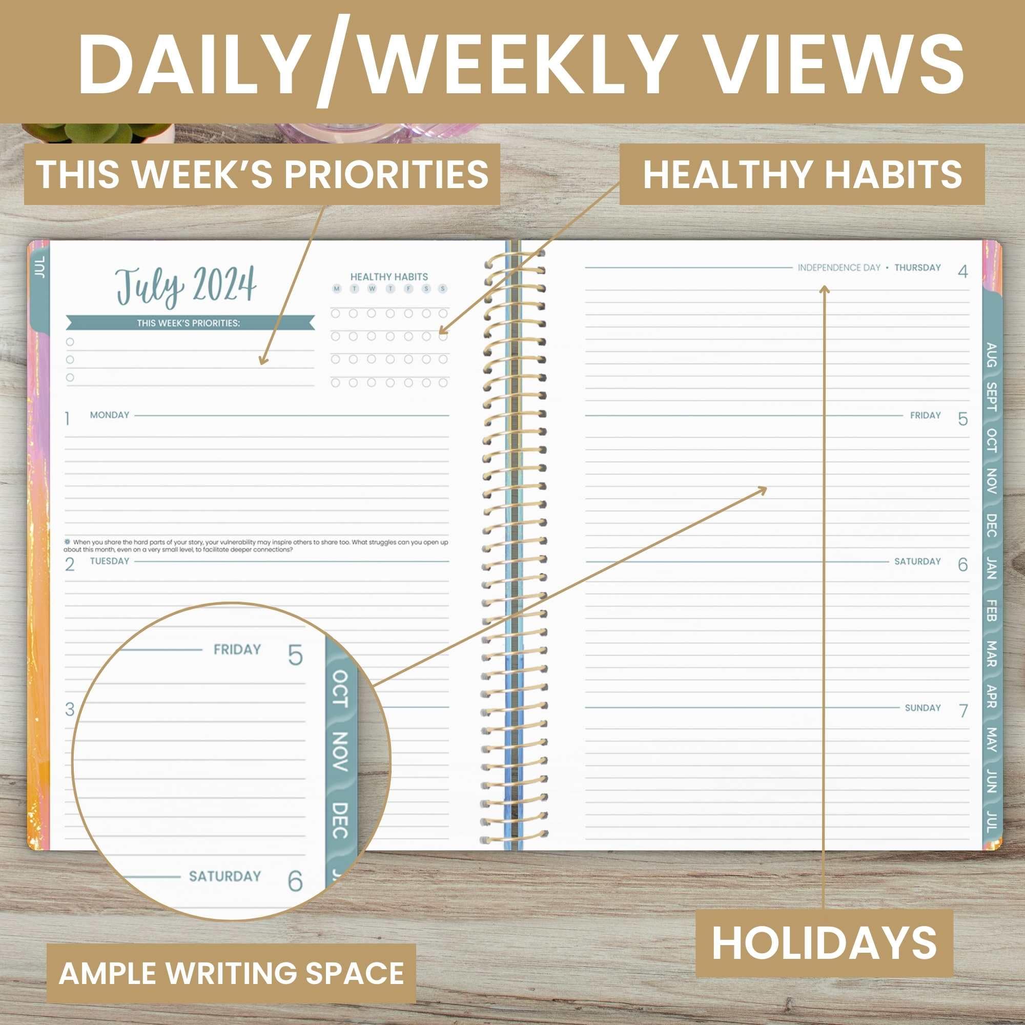 bloom daily planners Agenda 2024-2025 (21,6 x 27,9 cm) (luglio 2024 - luglio 2025), agenda settimanale e mensile con linguette, per creare una vita che amo