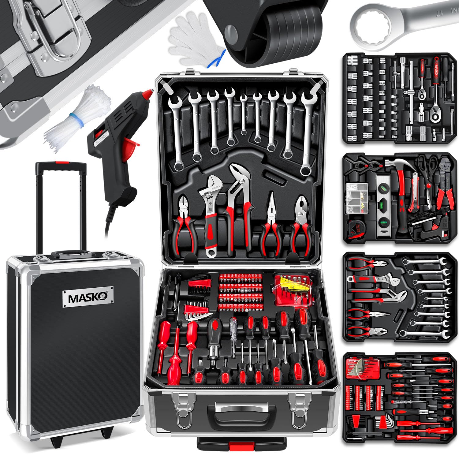 MASKO® Werkzeugkoffer 1400-teilig gefüllt | Werkzeugset im Aluminiumkoffer | Werkzeugkasten mit Rollen | Werkzeugkiste Haushalt, Haus, Hobby, KFZ | Trolley-Funktion | Werkzeugwagen Handwerkzeug