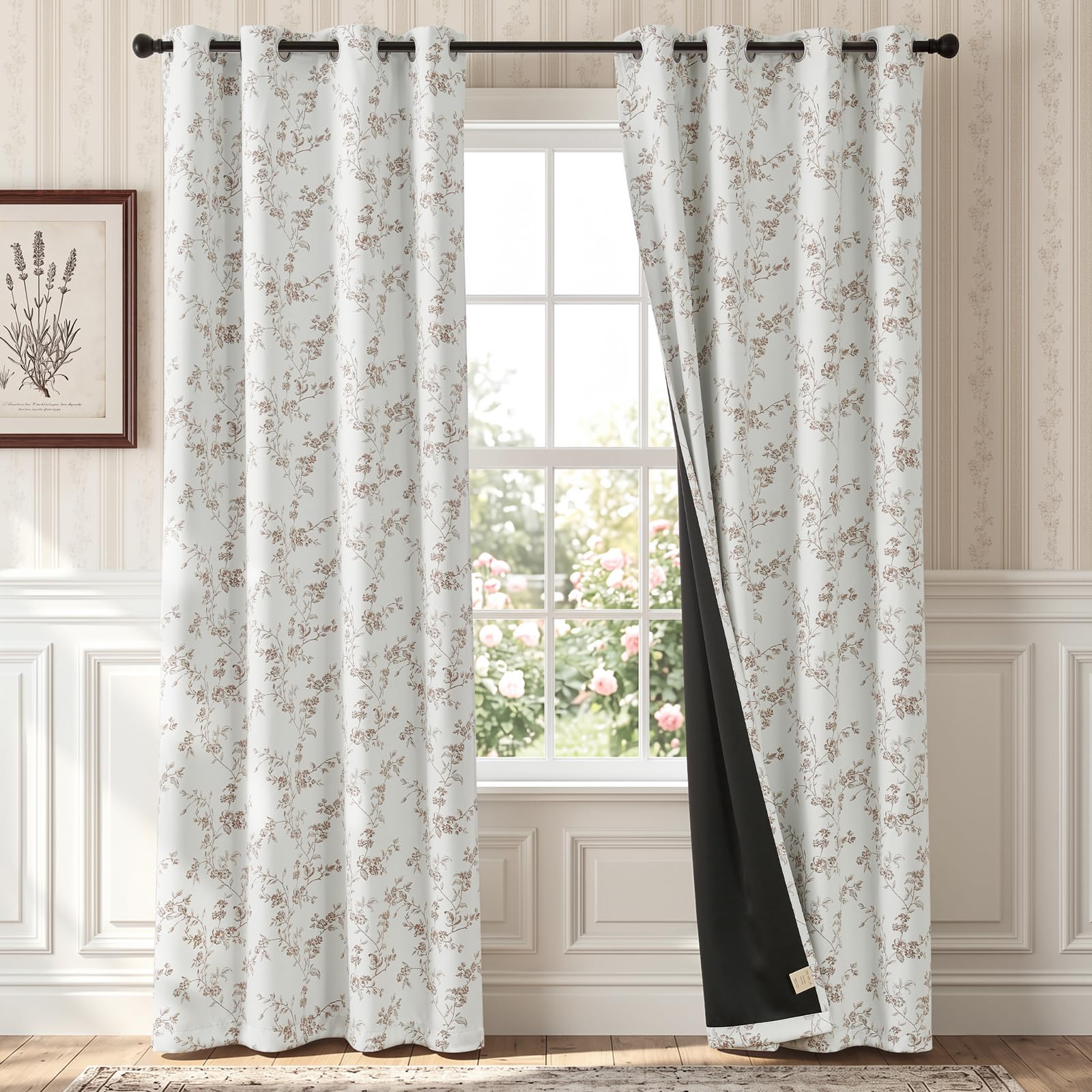 TOPICK 100% Blackout Floral Curtains W52xL84 for Bedroom Living Room, Taupe