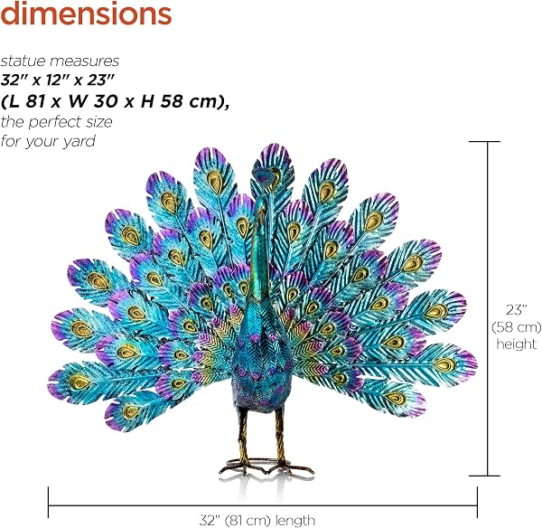Alpine Corporation 23" Tall Outdoor Metallic Peacock Tail Spread Yard Statue Decoration, Multi-Colour - 3