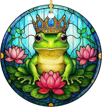 Frog Christmas Ornament 2026 Stained Glass Style Crowned Prince Gift