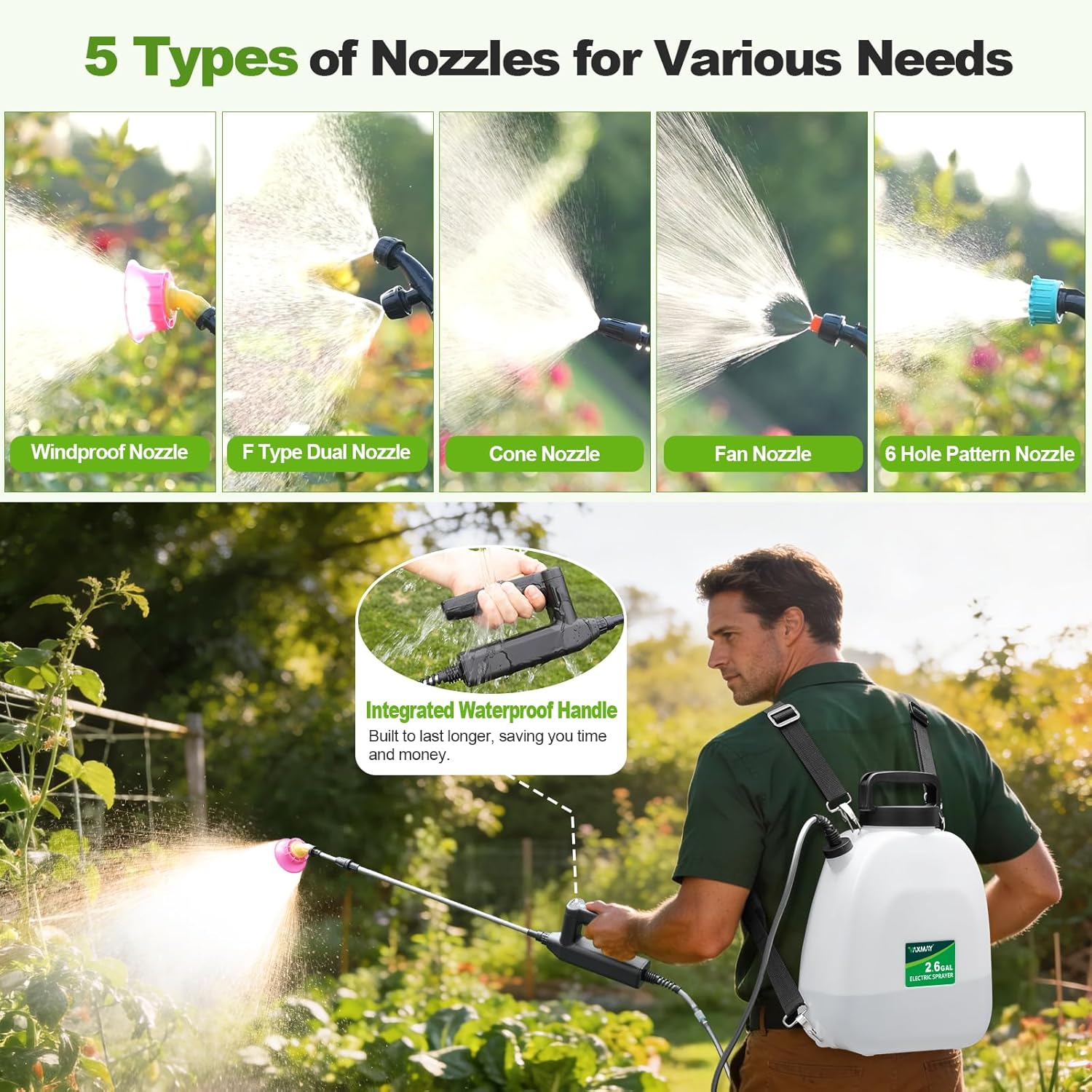 VAXMAY Battery Powered Sprayer 2.6 Gallon, Backpack Sprayer with 3 Adjustable Forces, Battery Indicator, 5 Mist Nozzles, 41" Retractable Wand, USB Rechargeable Garden Sprayer for Weed Lawn Yard