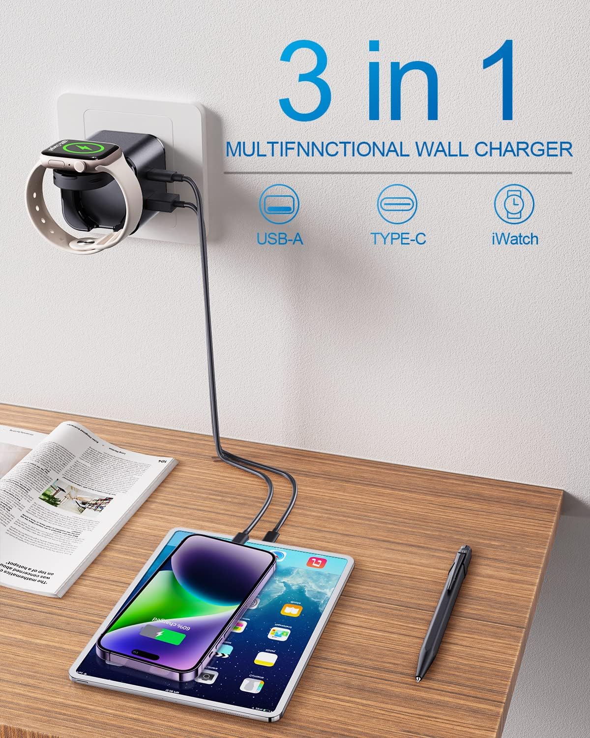 36W for Apple Charging Block with Built-in Watch Charger, Foldable PD Fast Charger Block for iPhone, Dual Ports Wall Charger Compatible with Apple Watch iPhone AirPods(Black) - Image 3