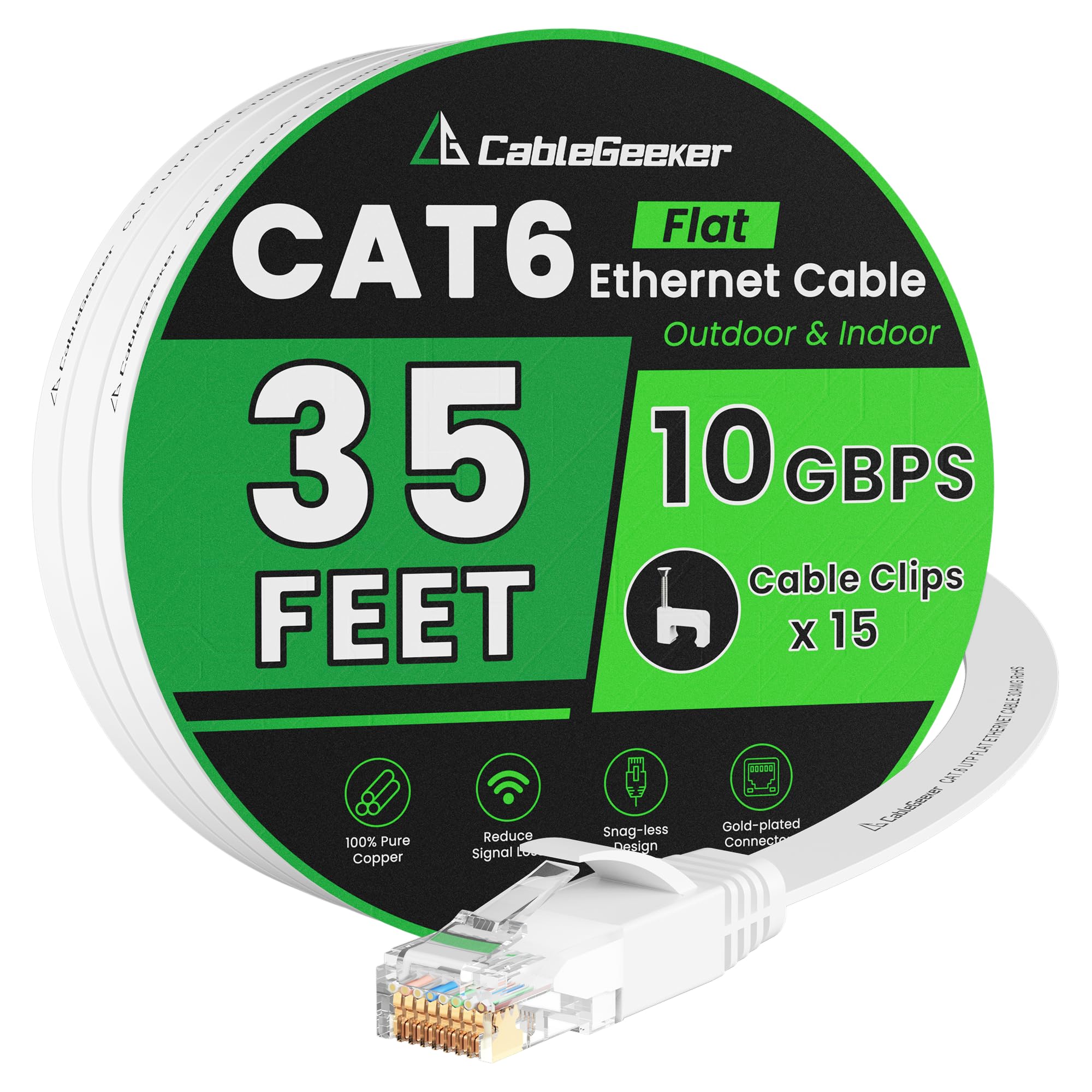 Cable Ethernet Cat 6 de 35 pies, para interiores y exteriores, cable plano de red de Internet de alta velocidad de 10 Gbps, cable de conexión Ethernet de cobre puro, cable LAN de computadora con clips