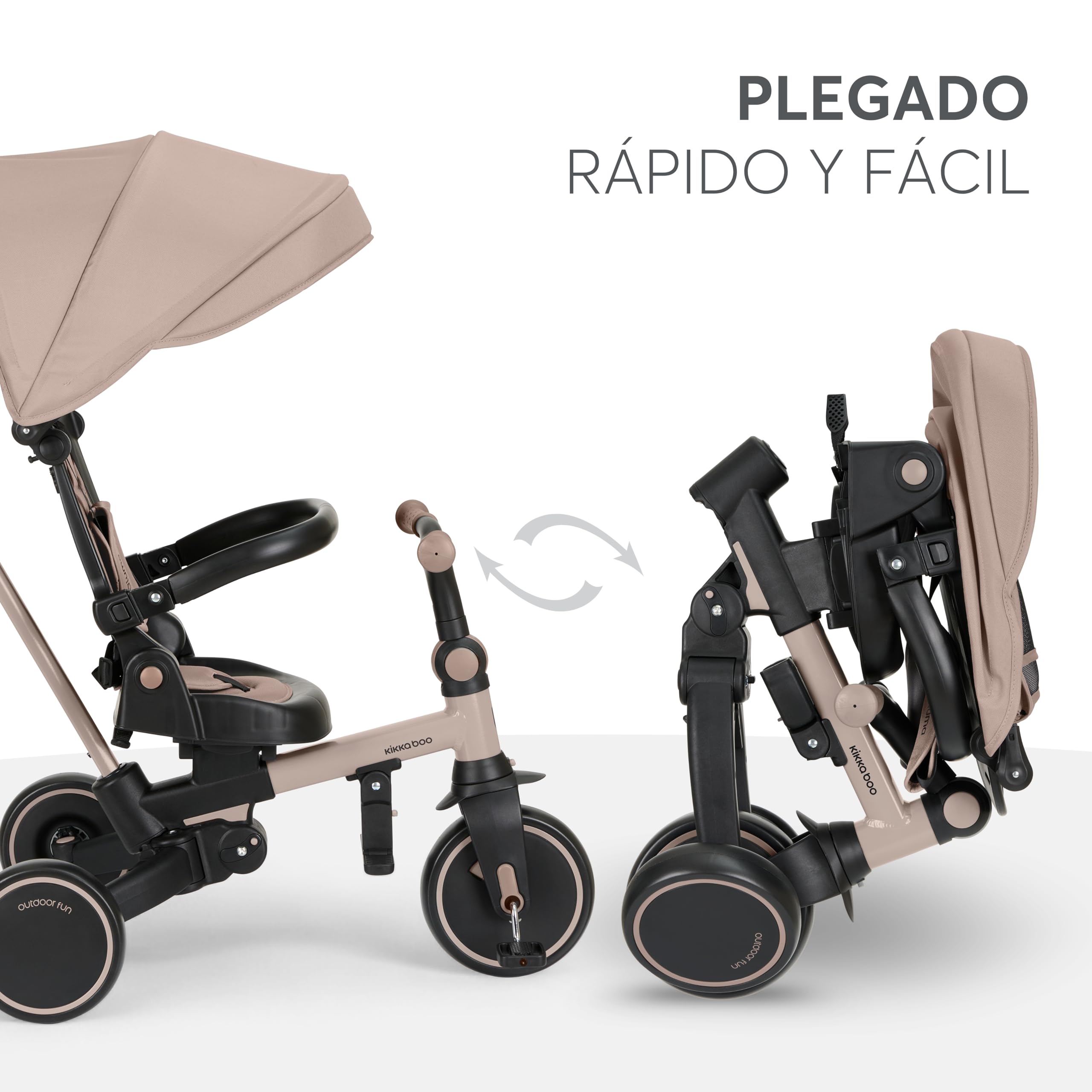 KikkaBoo Triciclo Evolutivo ALUMA 8 en 1, Triciclo Bebé Plegable con Manillar Padres, Asiento Reversible, Capota Ajustable, Arnés 5 Puntos, Marco Aluminio Beige — view 3