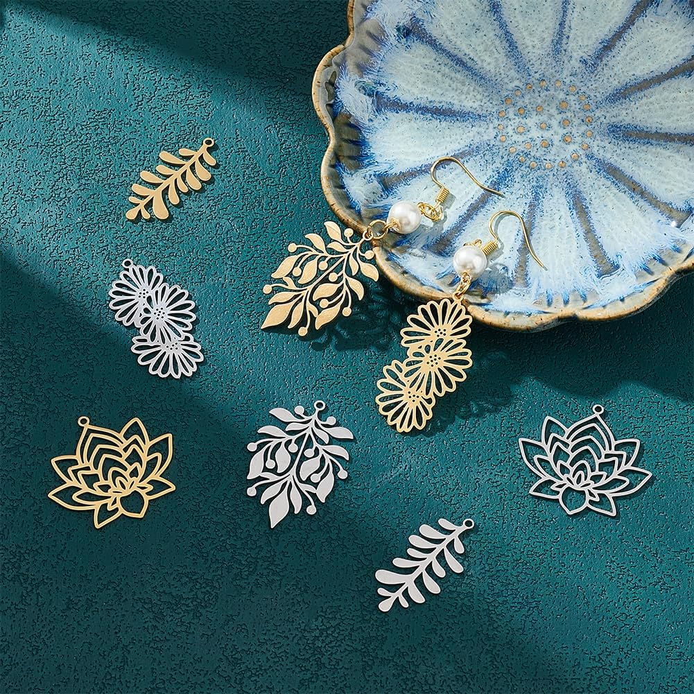 UNICRAFTALE 8pcs 4 Styles 2 Colors Hole 1.6mm 201 Stainless Steel Charms Metal Laser Cut Flat Hollow Lotus Leaf Flower Plant Pendants Drop Dangle Earrings Charms for DIY Necklace Jewelry Making - Image 2