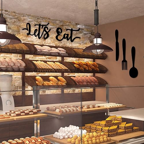 Miniatura 6 de Yerliker Letrero de madera con texto en inglés "Let's Eat", decoración de pared de cocina, tenedor, cuchara, cuchillo, recorte rústico, decoración