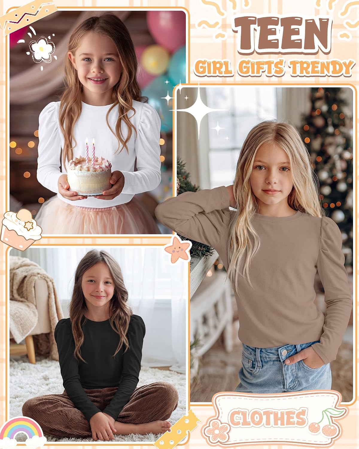 3 Pack Girls Puff Long Sleeve Shirts Crew Neck Layering Tops Basic Kids Casual Tees Cute Solid Fall Undershirts