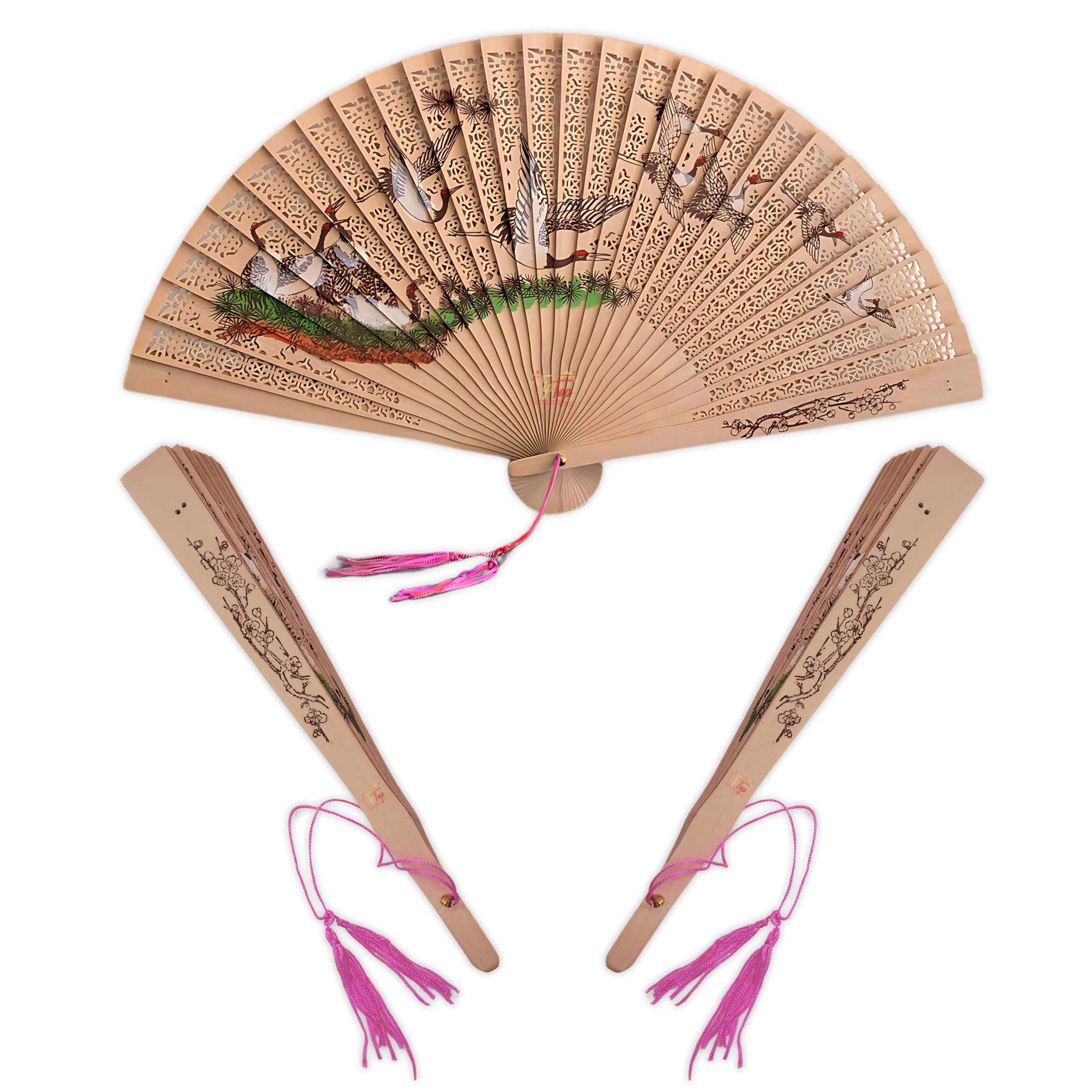 TIPTOP DECORATION Classic Saras Crane Hand Painted Designer Wooden Japanese Hand Held Fan (17 inch) (Pack Of 1)