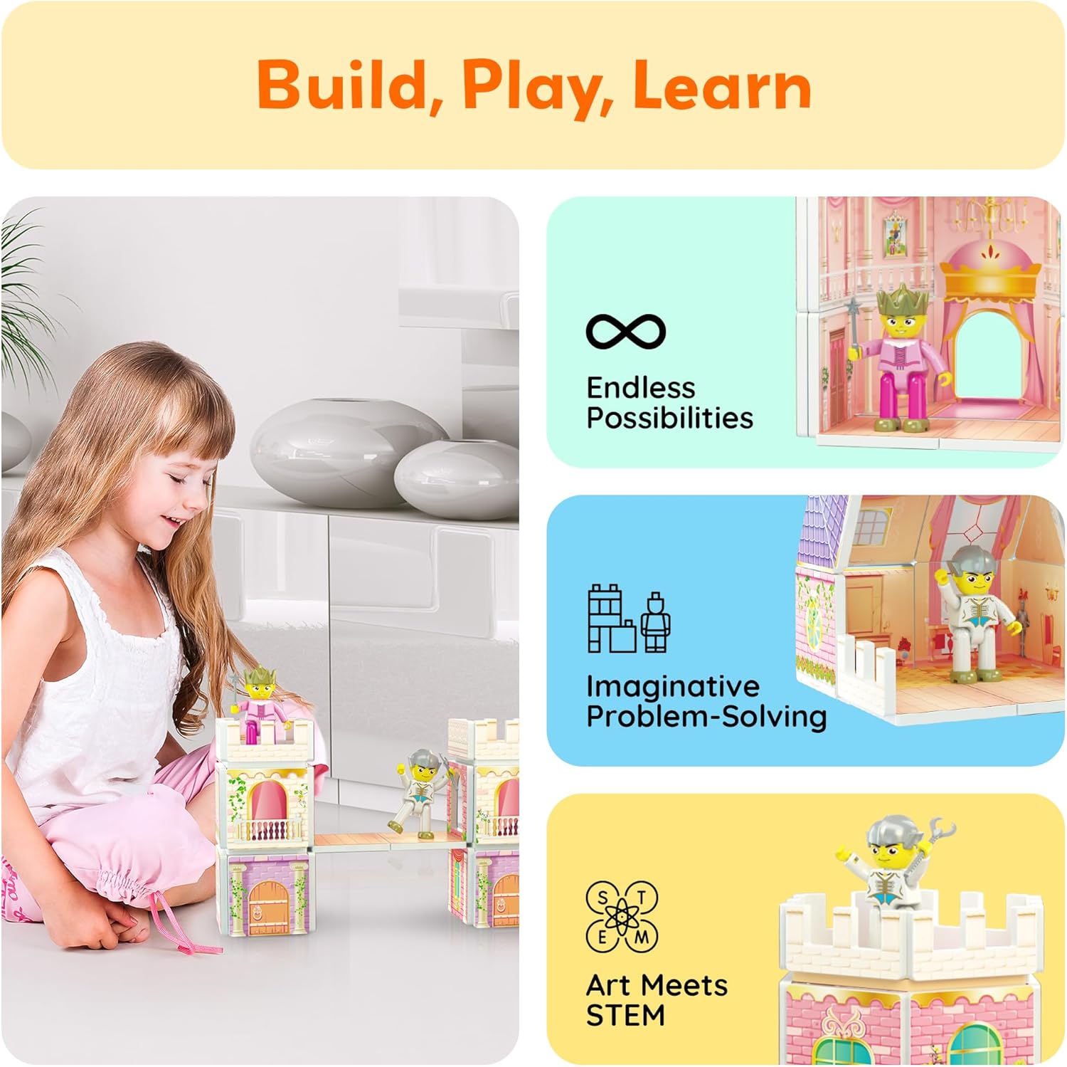 PicassoTiles 60pc Magnetic Tile Princess Castle Building Set with Double Sided Printed Tiles 2 Character Figures STEM Educational Toy Kit for Kids Pretend Play Montessori Learning Ages 3 to 8 PTQ04