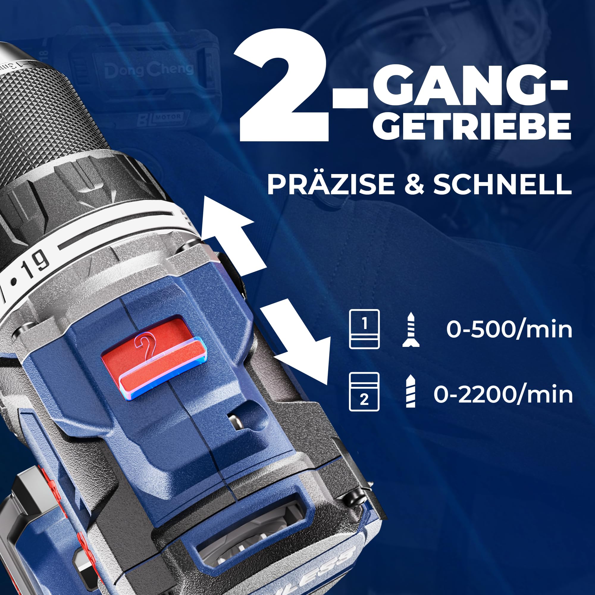 Dong Cheng Akku-Schlagbohrschrauber 20V Brushless 90Nm 1×4.0Ah Akku 19+2 Drehmomenteinstellung 13mm Bohrfutter 2 Gänge inkl Koffer