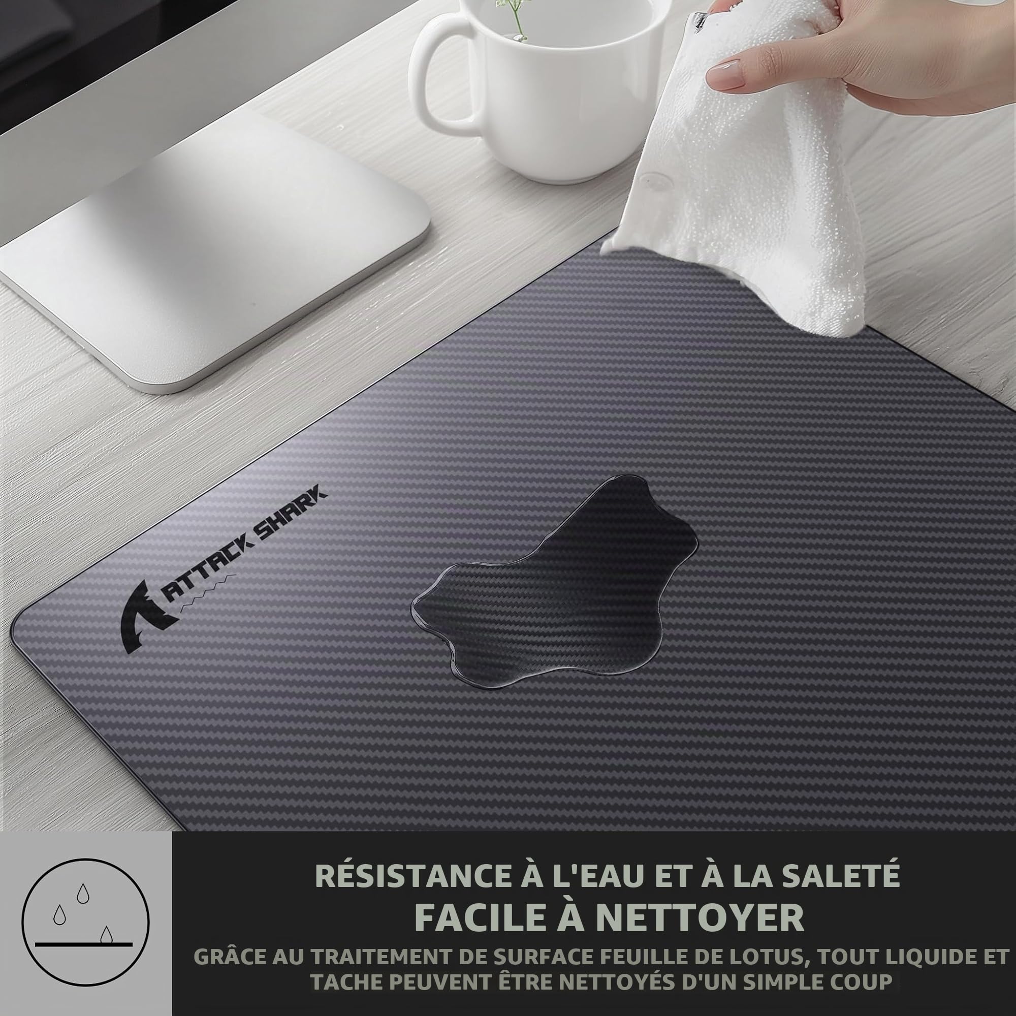 ATTACK SHARK Tapis de Souris de Jeu en Fibre de Carbone, imperméable, Surface spéciale avec précision et Vitesse améliorées, Base en Caoutchouc antidérapante, Noir (490 * 490 mm)