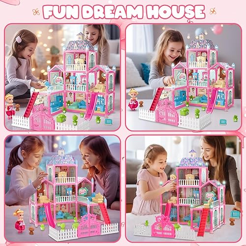 Miniatura 2 de JoyZin Casa de muñecas de 191 piezas de casa de ensueño para niñas, juego de casa de juegos de princesa de 8 habitaciones con muñecas, muebles,
