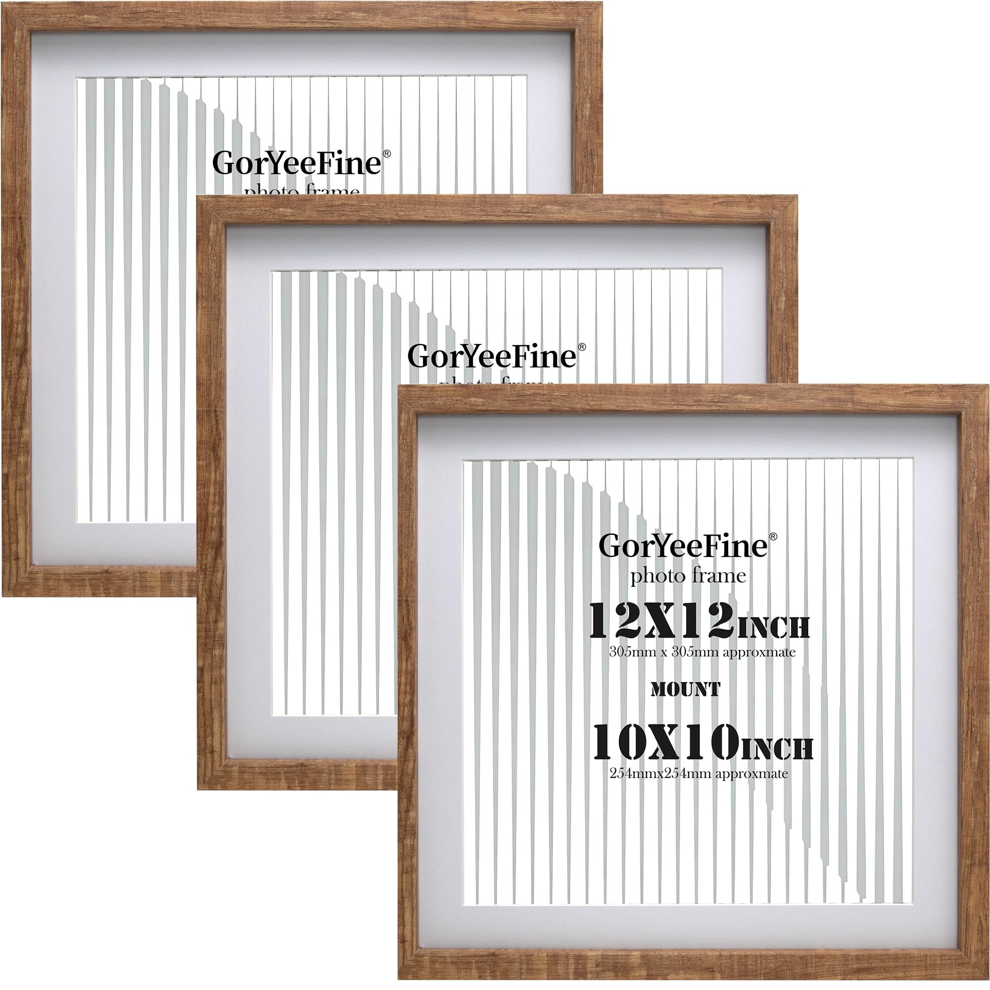 12x12'' Square Wood Photo Frame Set of 3 with Acrylic Glass Front,Walnut wood Effect Picture Frames with Acid Free 10x10'' Mount, for Wall Mount &Tabletop Display,Ideal for Home Gallery Decor & Gifts