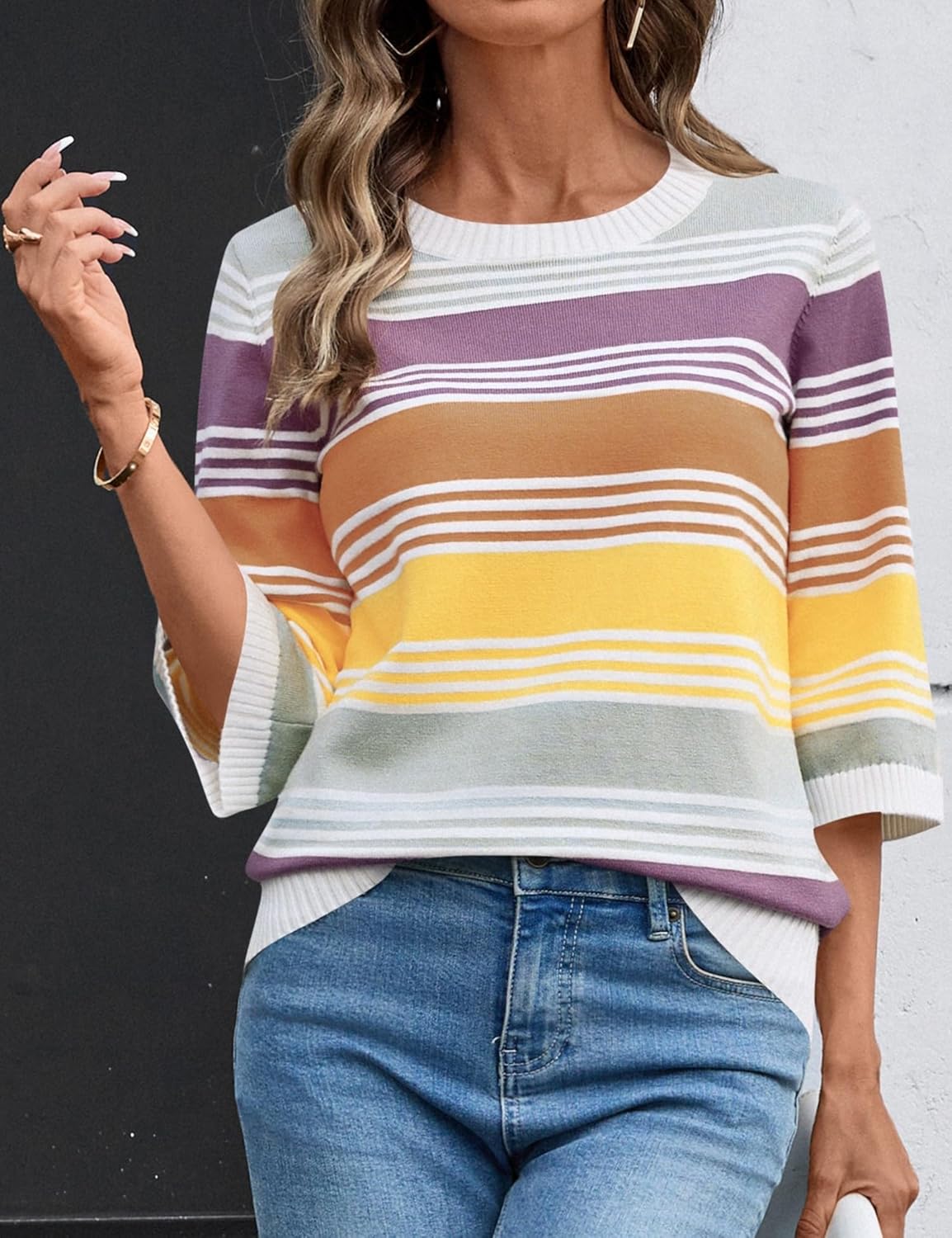 LOMON Womens Sweaters Casual Fall 2025 Crew Neck Striped 3/4 Sleeve Lightweight Knit Trendy Pullover Sweater Tops S-XL - Image 5