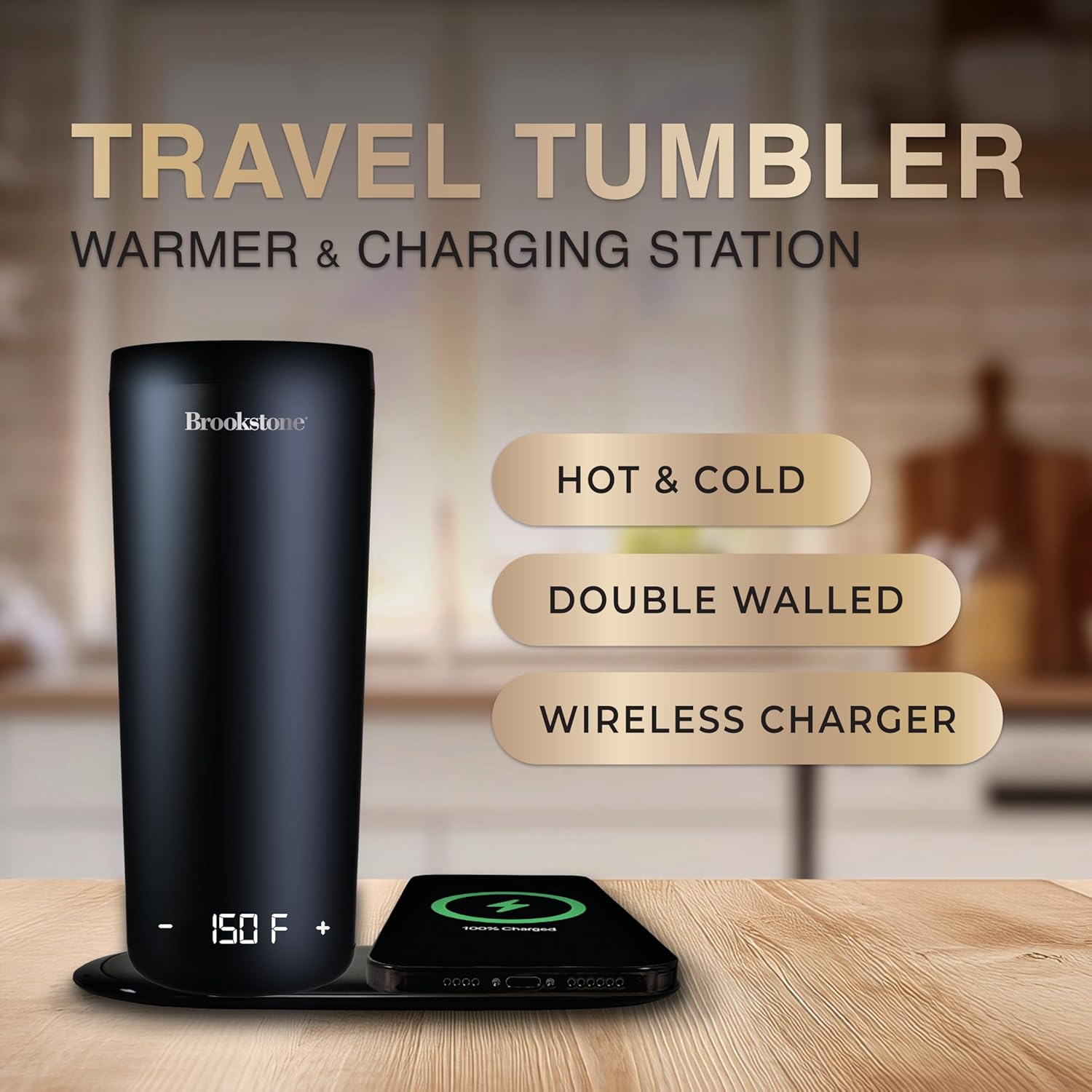Brookstone Travel Tumbler Warmer & Wireless Phone Charging Station, 11.5 oz Double-Wall Stainless Steel, Digital Temp Display, Built-in Battery for Continuous Warmth, Up to 6 Hours Heat, Black