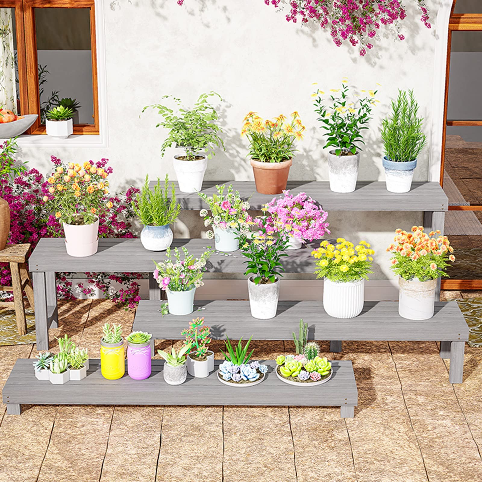 Balkonblumenständer Terrassenblumentopfständer Sukkulentenständer Grauer Blumenständer Gartenregal Dekorativer Holzständer (S : 60x25x12cm)