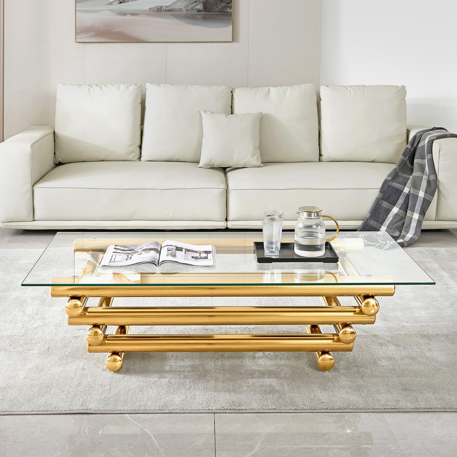 55" Glass Coffee Table, Modern Gold Coffee Tables for Living Room, Rectangular Tempered Glass Top with Stainless Steel Legs, Tea Table, Luxury Center