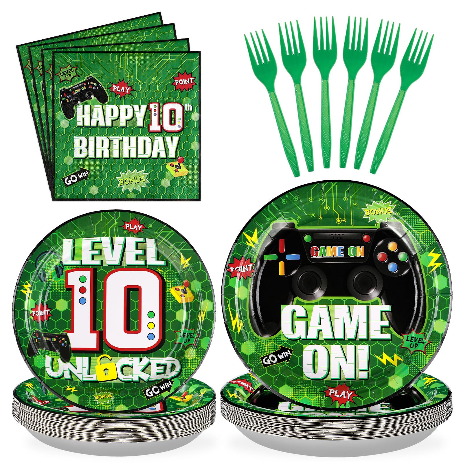 Grencian 96Pcs Green Video Game 10th Birthday Party Supplies, Serves 24