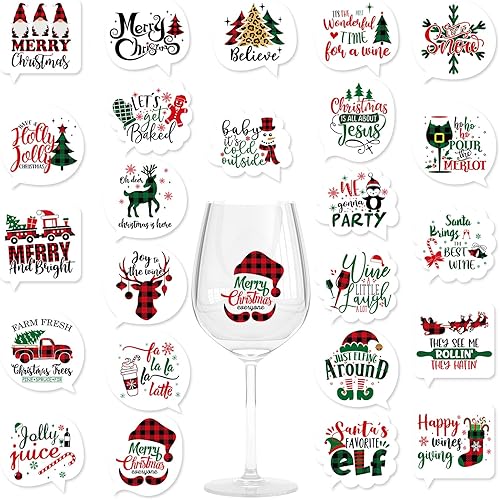AnyDesign 120Pcs Christmas Wine Glass Drink Markers 24 Styles Xmas Static Cling Stickers Removable Buffalo Plaids Wine Bottle Tags Wine Charms Alternative for Champagne Cocktail Wine Party Supplies