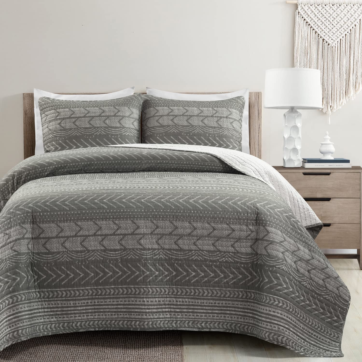 Juego De Ropa De Cama Lush Decor Hygge Geo 3 Piezas Rayas Ki Gris Claro