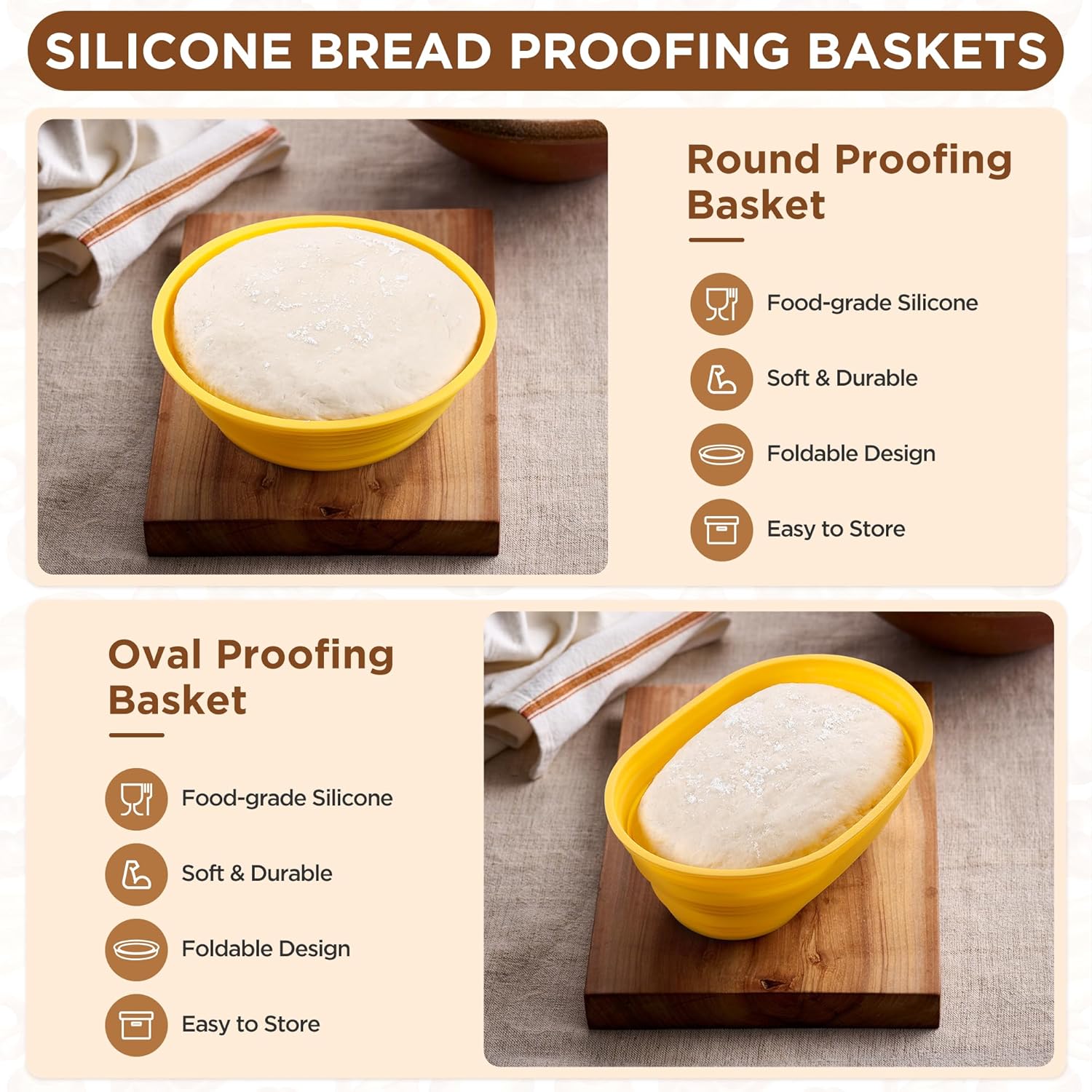 IPOW Banneton Basket, Silicone Bread Proofing Basket Set - Including 9" Round & 10" Oval Bannetons, Round & Oval Silicone Mat, Bread Lame, Danish Whisk, Oil Brush, Bowl & Dough Scrapers