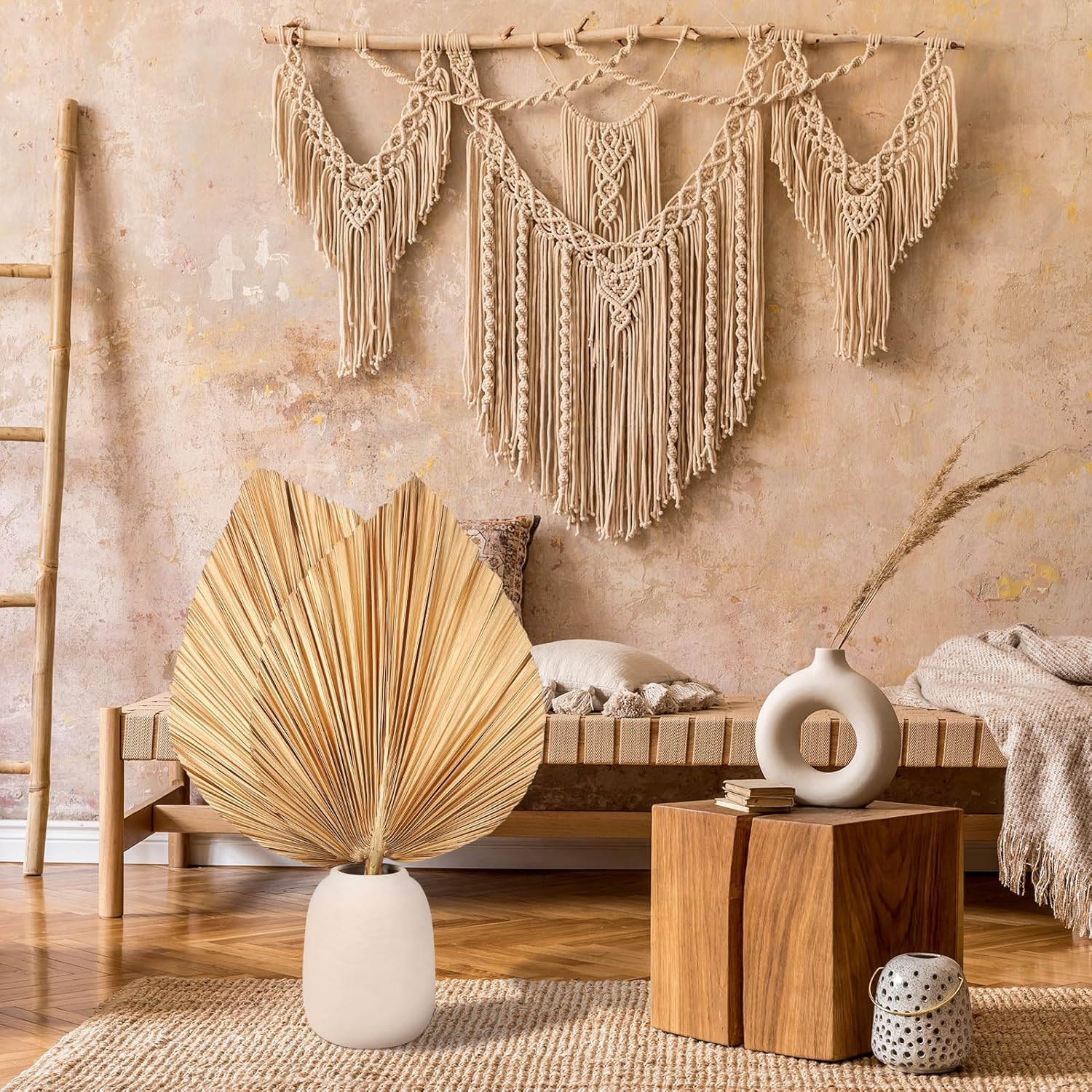 4 Pcs Large Gold Dried Palm Leaves, Home Wedding Decor Natural Boho Dried Palm Fans with Stem,Tropical Palm Leaves Boho for Vase Baby Shower Anniversary