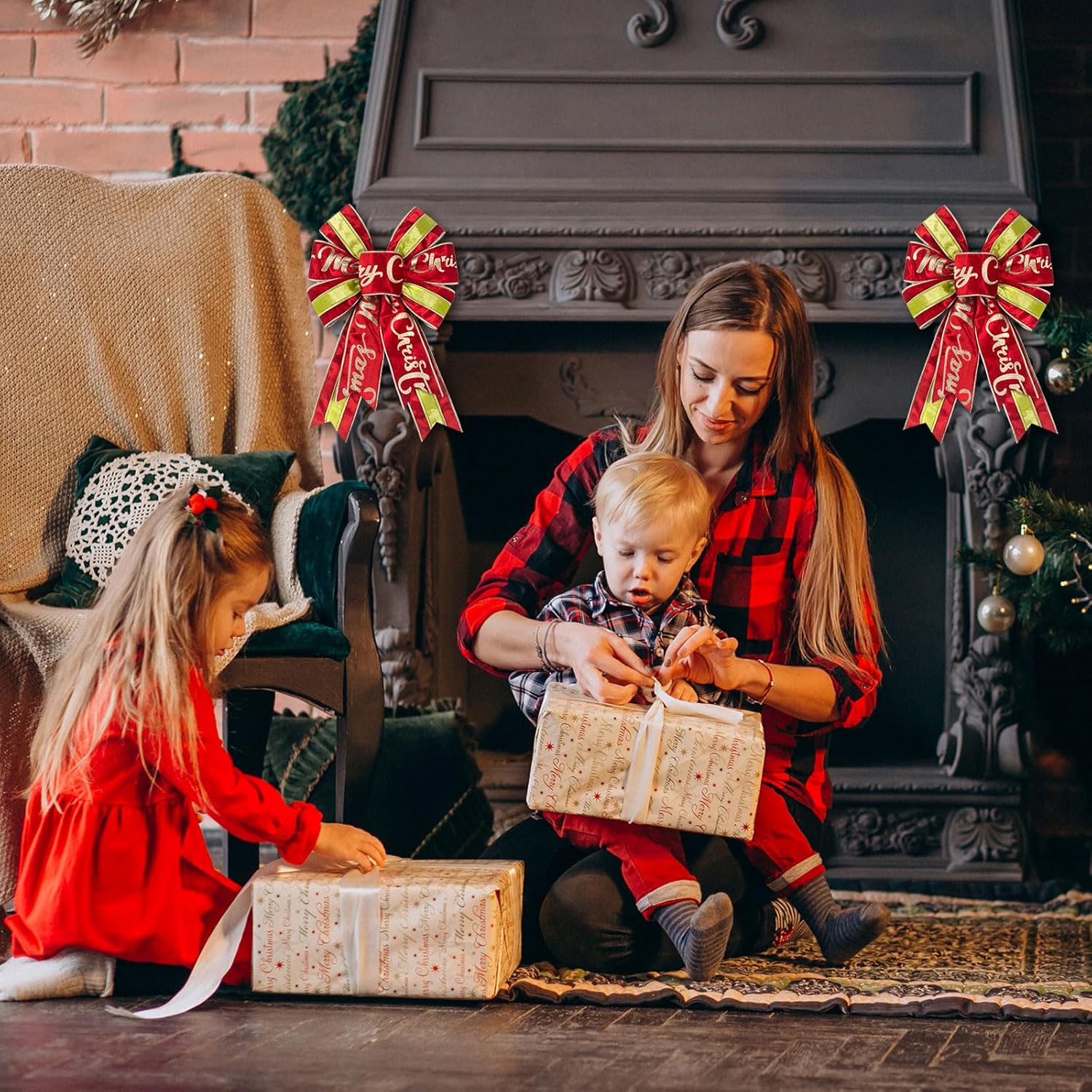 Hying 2 Pieces Christmas Bows for Wreath, Xmas Wreath Bow Red Green Velvet Craft Ribbon Bows for Front Door Christmas Party Decorations Supplies - Image 5