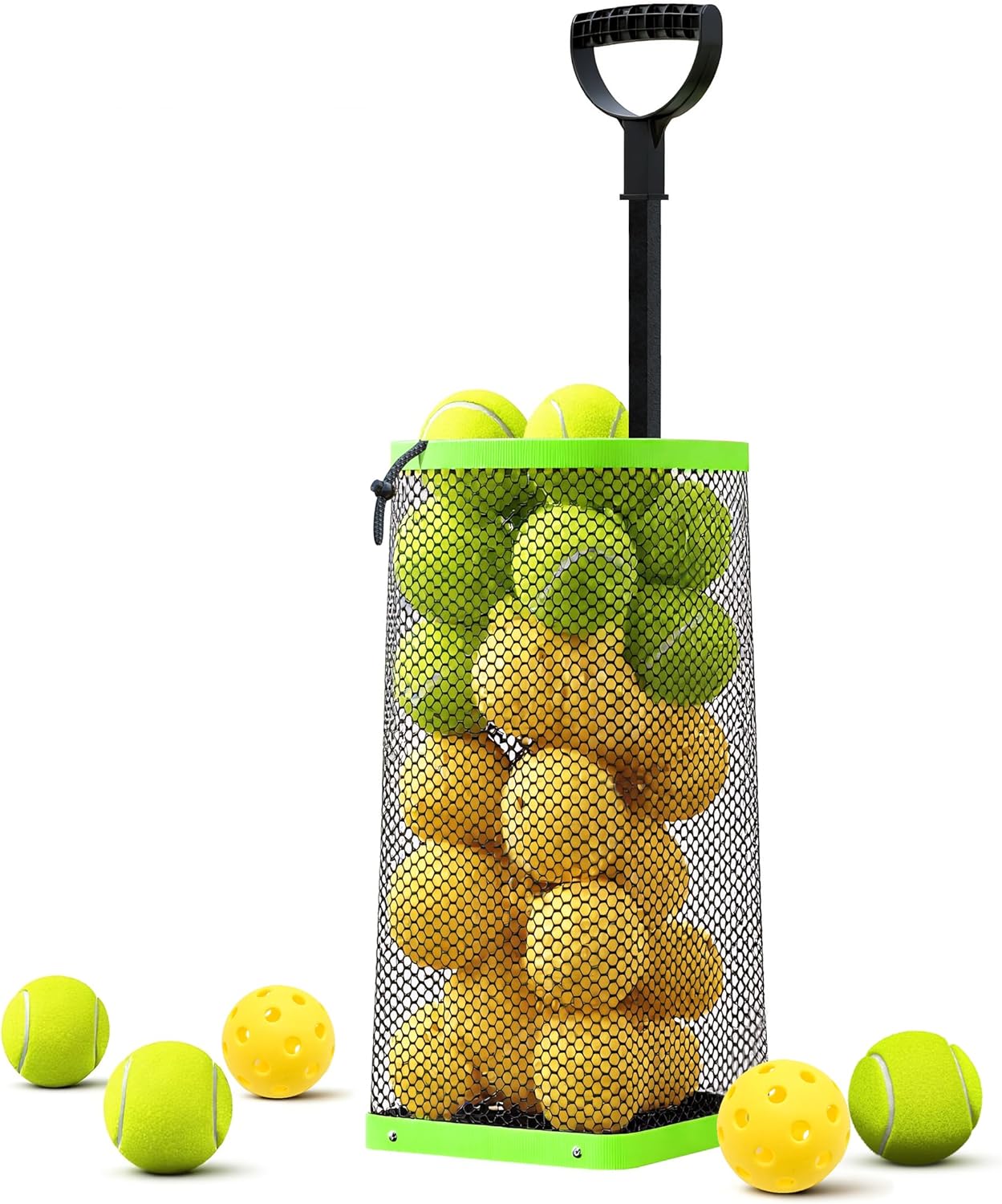 Lightweight Tennis Ball Hopper – Holds 50+ Tennis Balls or 40+ Pickleballs | Durable & Portable Adjustable Tennis Ball Picker | Great for Hard Court, Clay, Grass, Car Trunk Green