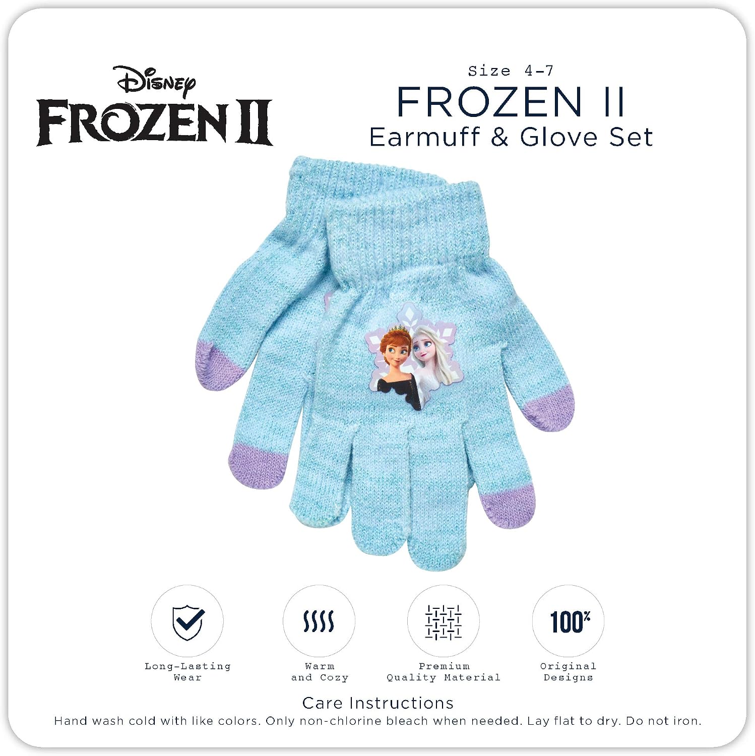 Disney Frozen 2-Piece Winter Accessory Set for Girls, Anna and Elsa Kids Earmuffs and Gloves, Size 4-7 Years, Blue
