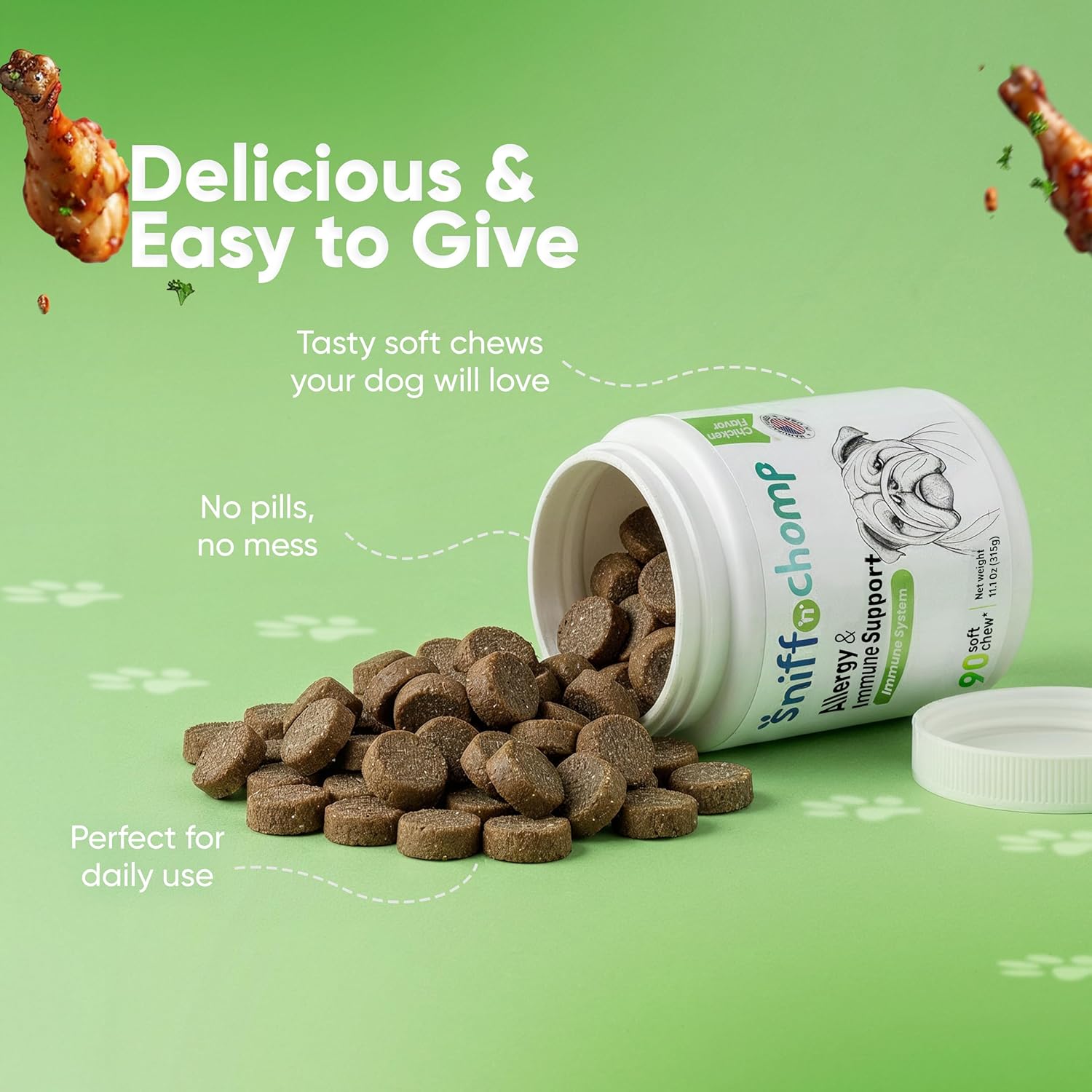 SNIFF N CHOMP Dog Allergy Chews, Chicken Flavor, Probiotics for Dogs with Quercetin Omega 3 Zinc, Seasonal Allergy Relief, Immune Support Soft Chews, Probióticos para Perros | 90 Soft Chews