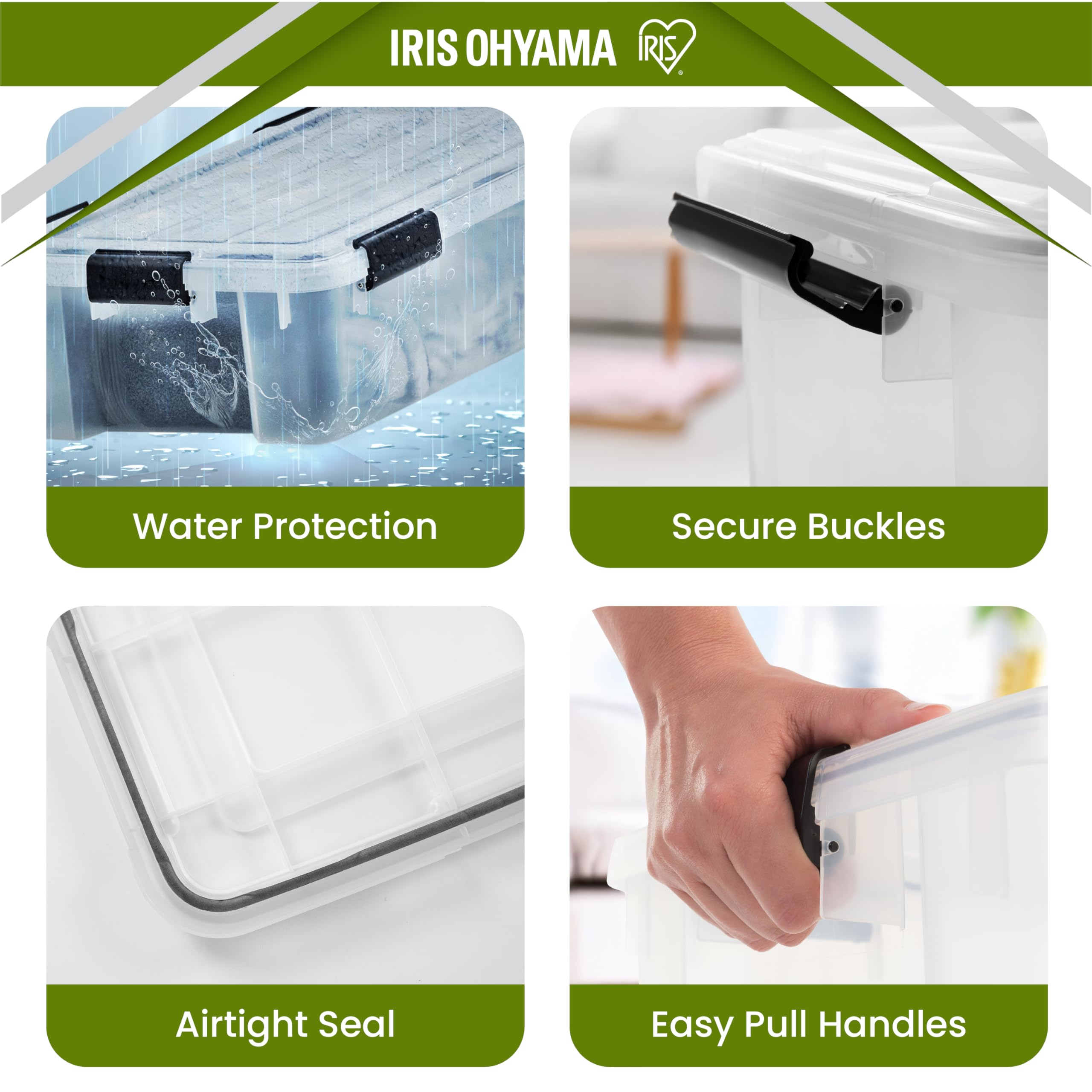 Iris Ohyama, Caja de Almacenamiento Hermética Plástica, 30L, Lote de 4, Transparente, Tapa, Junta Impermeable, Clips de Cierre, Apilable, para Exterior, Garaje, Ropa, Antipolvo, WSB-30