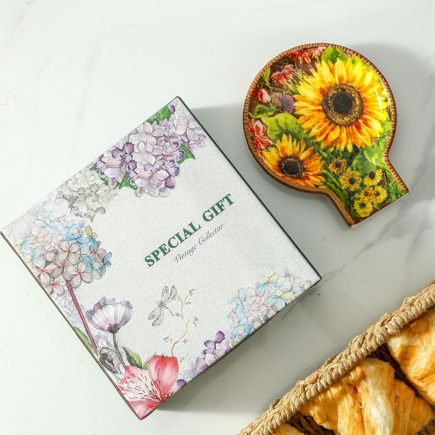 Oil Painting Sunflower Farmhouse Ceramic Spoon Rests Holder for Kitchen Counter Stove Top